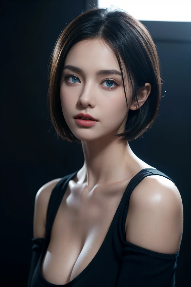 Skin Tight Black Top:1.2, Looking at Viewer, Cinematic lighting, Perfect, softlight, High resolution skin:1.2, Realistic skin texture, Realistic face, off shoulders,Bust B Cup、 Exposed cleavage, Blue eyes, Short hair, dark brown hair、Gray background、