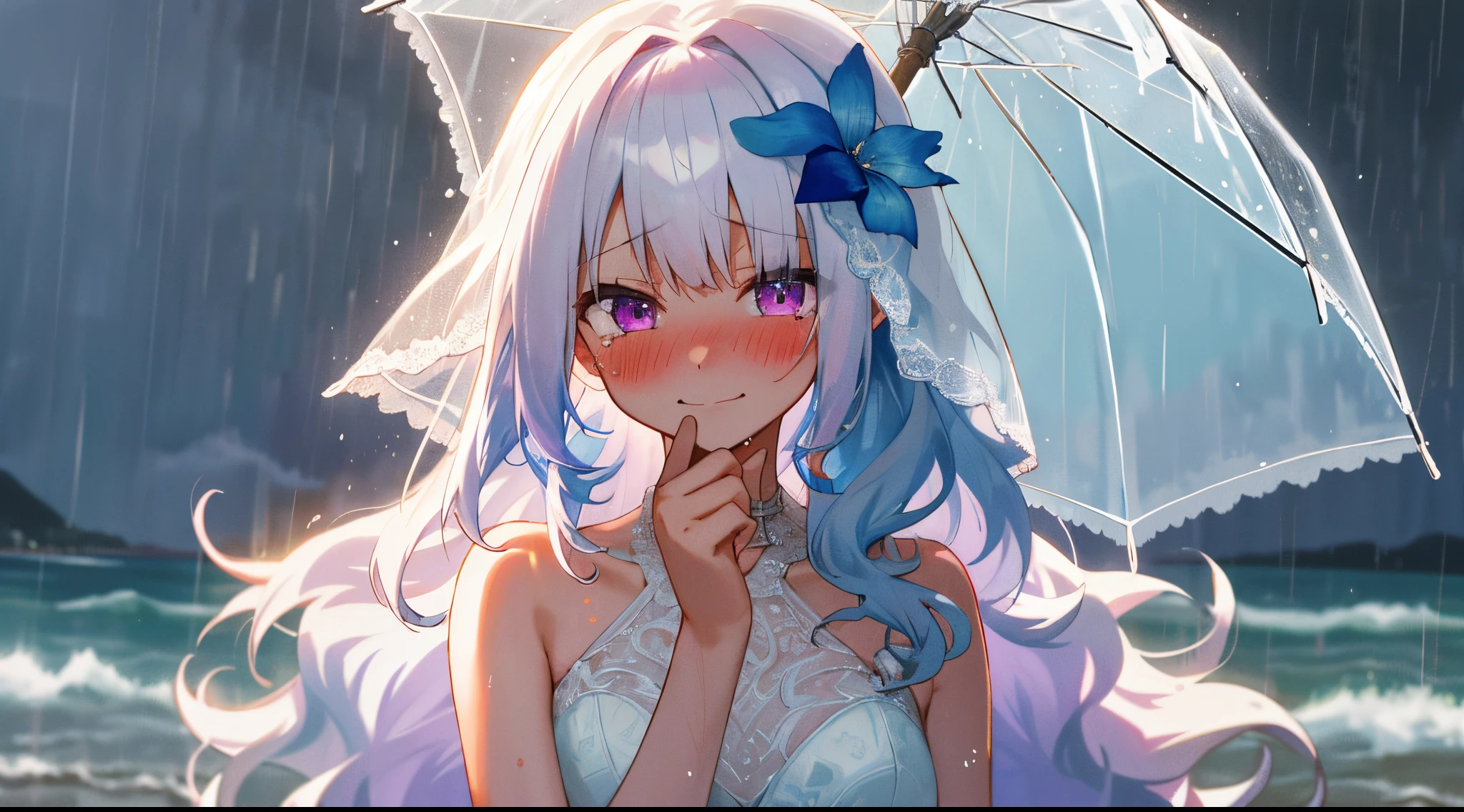 One girl with long wavy hair, bangs, white hair, blue inner hair, purple eyes, looking at viewer, blushing, embarrassed, little smile, tears, wedding venue, beach, flower, wedding dress, bridal veil, upper body, rainy atmosphere, hair ornament, wet hair, overcast