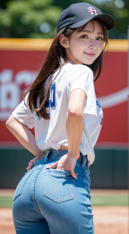 (of the highest quality, 8K, masutepiece: 1.3), Beauty of Perfect Figure: 1.4, dark brown hair, wearing a baseball cap, At the baseball field, Very delicate face and skin, Delicate eyes, Big, Smile, (from behind), (stick out your butt:1.2)