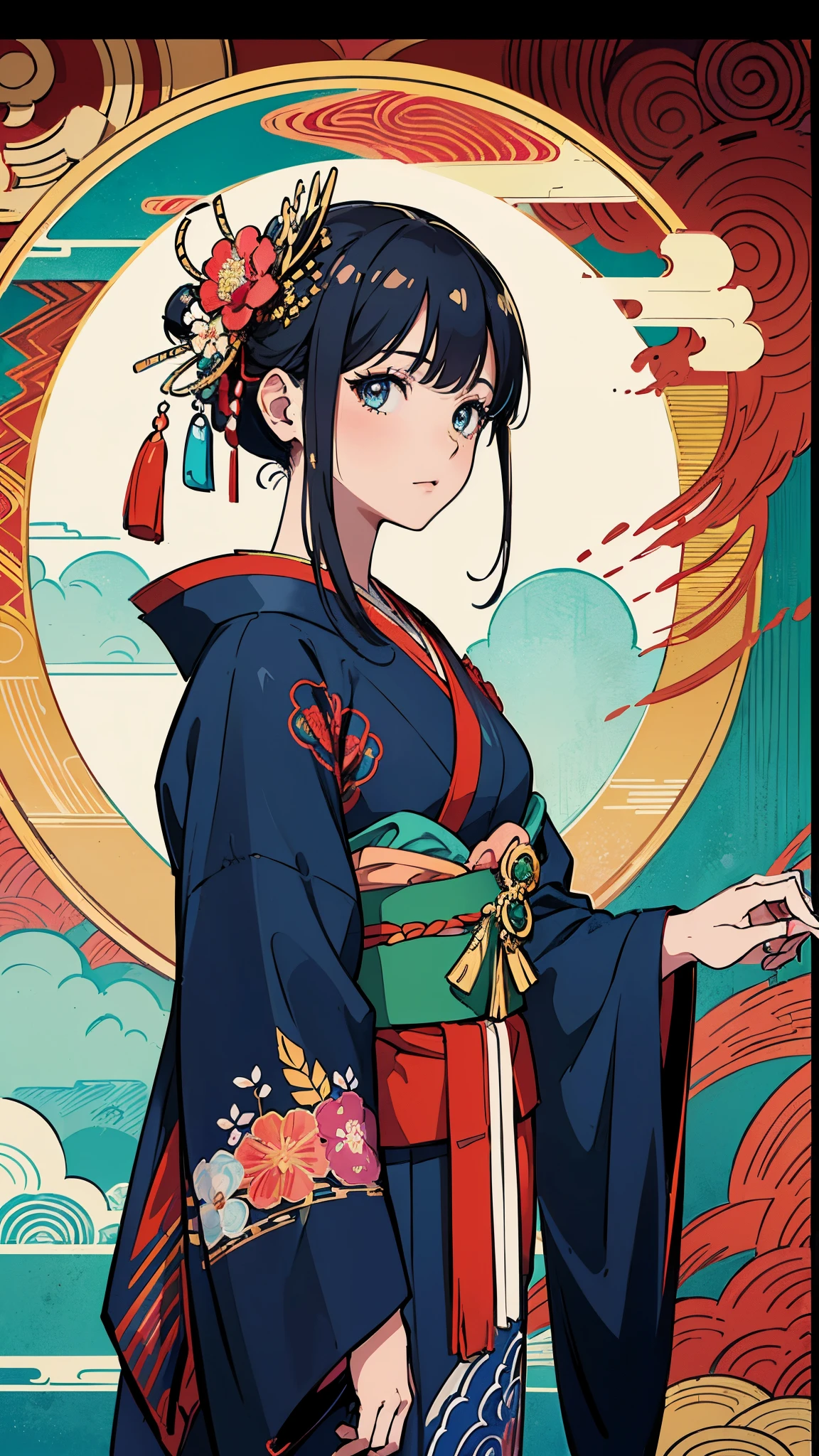 (masterpiece, top quality, best quality, official art, beautiful and aesthetic:1.2), (1girl),elaborate costume(Luxurious Japan kimono(Colorful kimono(detailed embroidery))), extreme detailed,(Fractal art),colorful,highest detailed,Mandala in the background, half body shot only.