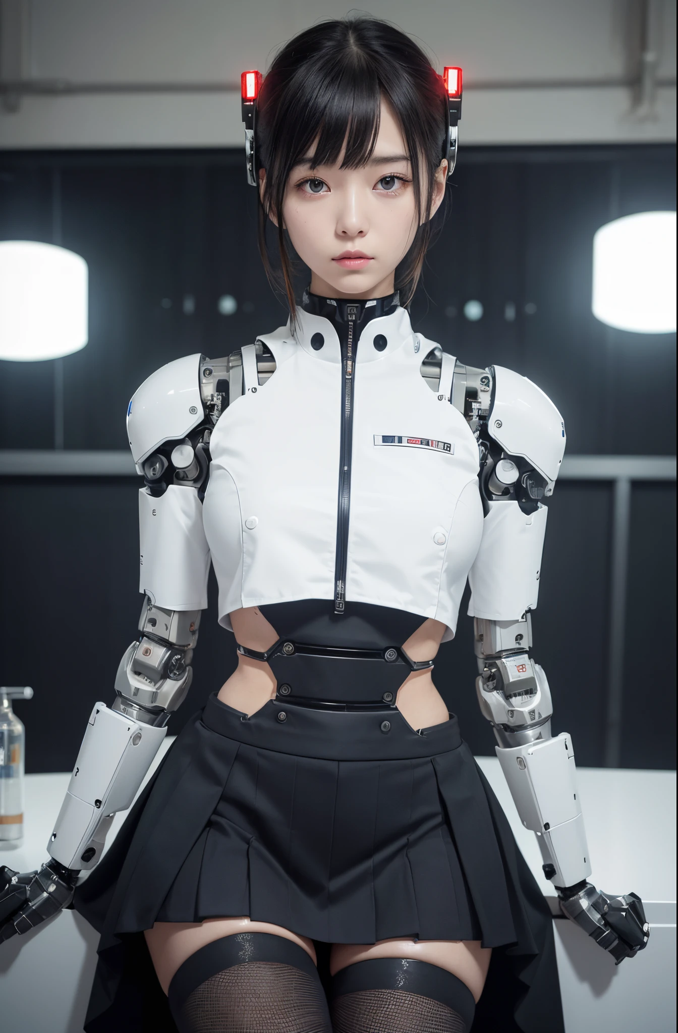 masterpiece, best quality, extremely detailed, Japaese android girl,Plump , control panels,android,Droid,Mechanical Hand, Robot arms and legs, Black hair,Blunt bangs,perfect robot girl,long tube,thick cable connected her neck,android,robot,humanoid,cyborg,japanese cyborg girl ,future laboratory,connecting a cable between the legs,skirt, high socks,blue eyes