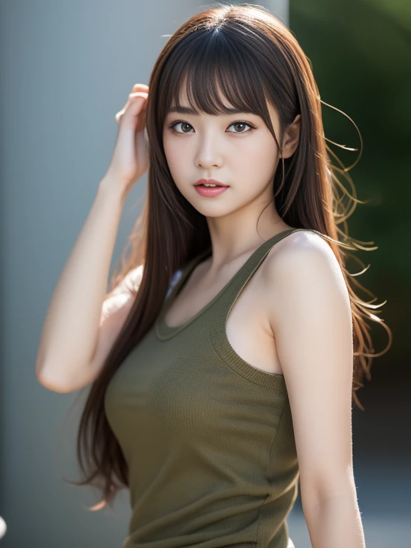 Highly detailed CG Unity 8k wallpaper, of the highest quality, super detailed, masutepiece, Realistic, photographrealistic, extremely detailed cute girl, 35 year old, Round eyes, viewer, blush, Parted lips, Upper body , (Armpit) , uninhabited island , (survival) , (Military uniform)