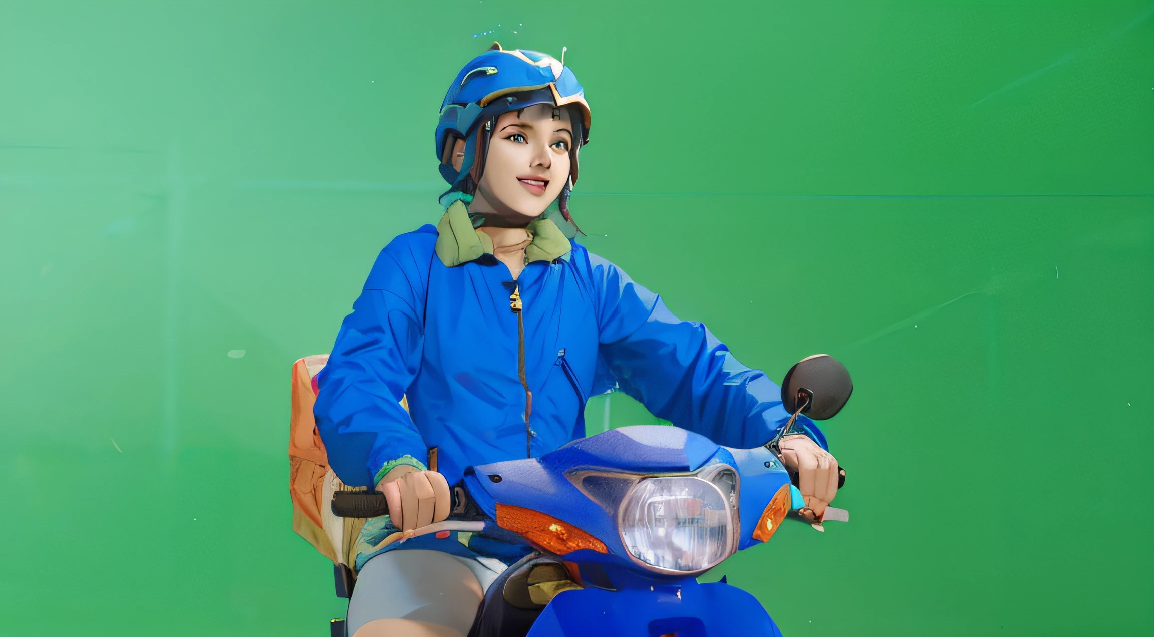 a sketch anime girl with smiling face, who wearing blue jacket and blue helmet, she riding a blue motorcycle, looking in her hand