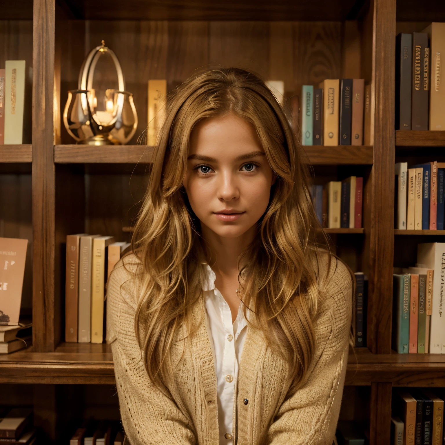 Create a photorealistic image of a woman with luminous golden blonde hair in a cozy bookstore, looking directly at the camera with an engaging expression. She stands amid aisles of bookshelves, her hair catching the ambient light and glowing with rich golden highlights. Her gaze should be captivating and make a connection with the viewer, as if she’s sharing a moment of her literary journey. Ensure every element, from the books to the soft lighting of the store, is rendered with meticulous detail to evoke the feel of a high-definition photograph.