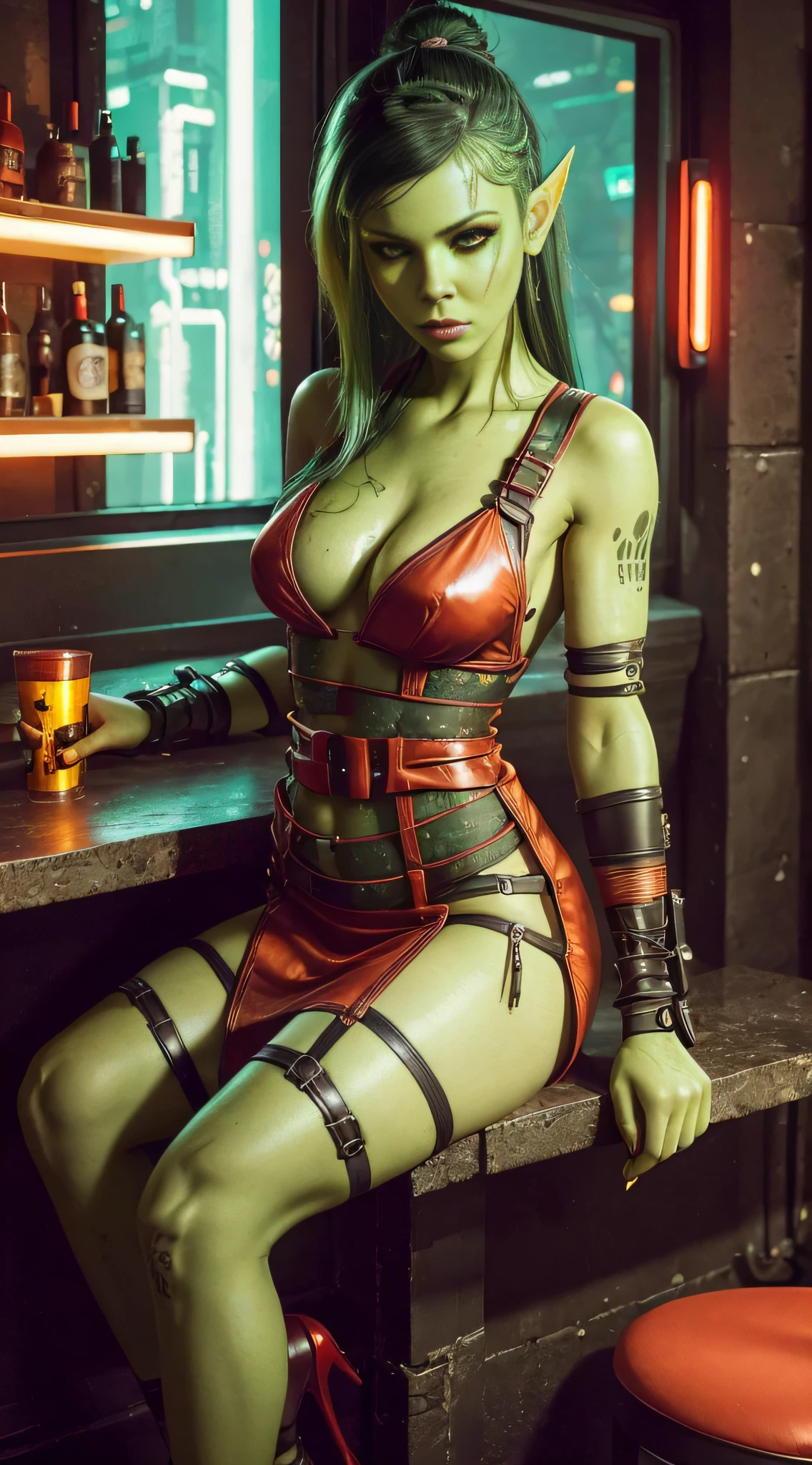 1girl, sexy githyanki, (green skin:1.4), cyberpunk, blacl long straight hair, orange eyes, pointy ears, (cyberpunk red mini dress:1.4), (stockings:1.2), (cyberpunk high heels:1.2), belt, medium breasts, athletic, sitting in the cyberpunk bar, red lipstick, eyeliner, highly detailed face and eyes, best quality, masterpiece, realistic, anatomically correct, stunning details, intricate details, 8k post-production, high resolution, super details, trending on ArtStation, sharp focus, depth of field f/1.8, studio photos