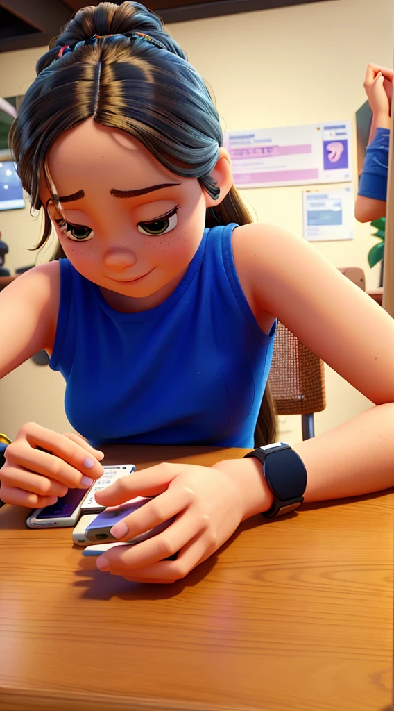 there is a young girl sitting at a table with a cell phone, checking her cell phone, checking her phone, partially cupping her hands, she is holding a smartphone, by Gina Pellón, manicured, shot on iphone 6, goddess checking her phone, by Amelia Peláez, wearing a watch, candid photograph, candid photo, painted nails