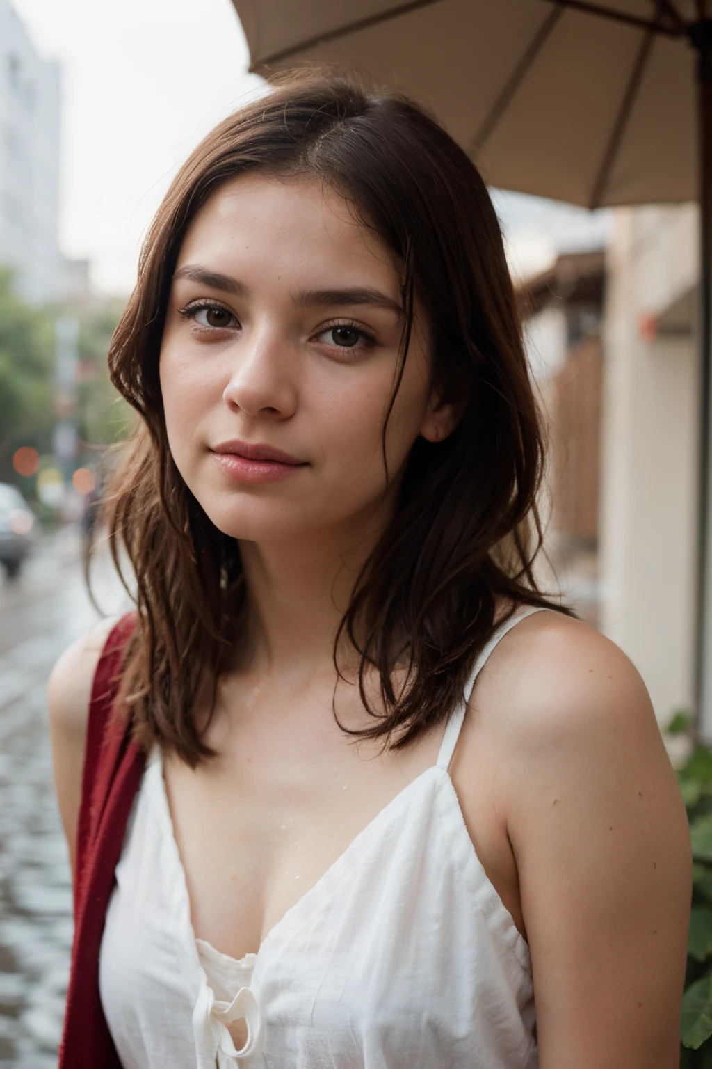 A very realistic portrayal of a beautiful girl in the rainy season, her drenched auburn hair clinging to her shoulders, raindrops glistening on her flushed cheeks, holding an umbrella with a delicate floral pattern, soft light reflecting in her hazel eyes, Photography, using a high-resolution DSLR camera with a 50mm prime lens at f/2.8, capturing the moment with natural light, --ar 16:9 --niji
