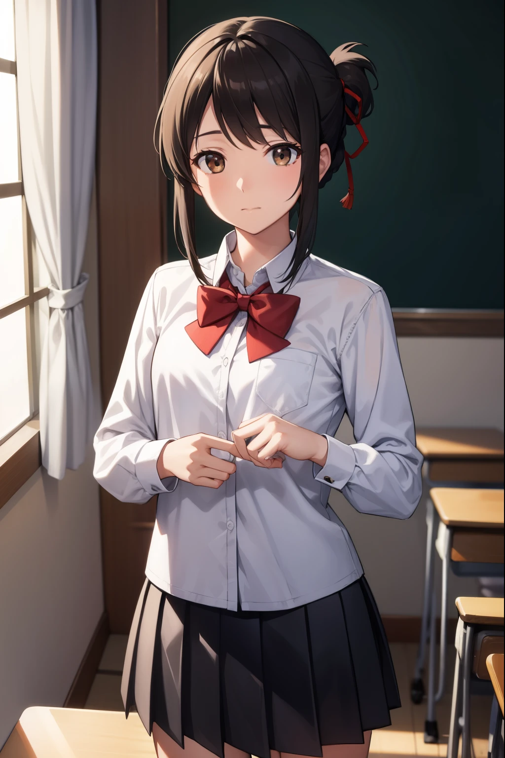 mitsuhamiyamizu, mitsuha miyamizu, black hair, (brown eyes:1.5), hair ribbon, (small breast:1.2),
BREAK bow, bowtie, kneehighs, pleated skirt, red bow, red bowtie, school uniform, skirt, white shirt, long sleeves,
BREAK looking at viewer,
BREAK indoors, classroom,
BREAK (masterpiece:1.2), best quality, high resolution, unity 8k wallpaper, (illustration:0.8), (beautiful detailed eyes:1.6), extremely detailed face, perfect lighting, extremely detailed CG, (perfect hands, perfect anatomy),