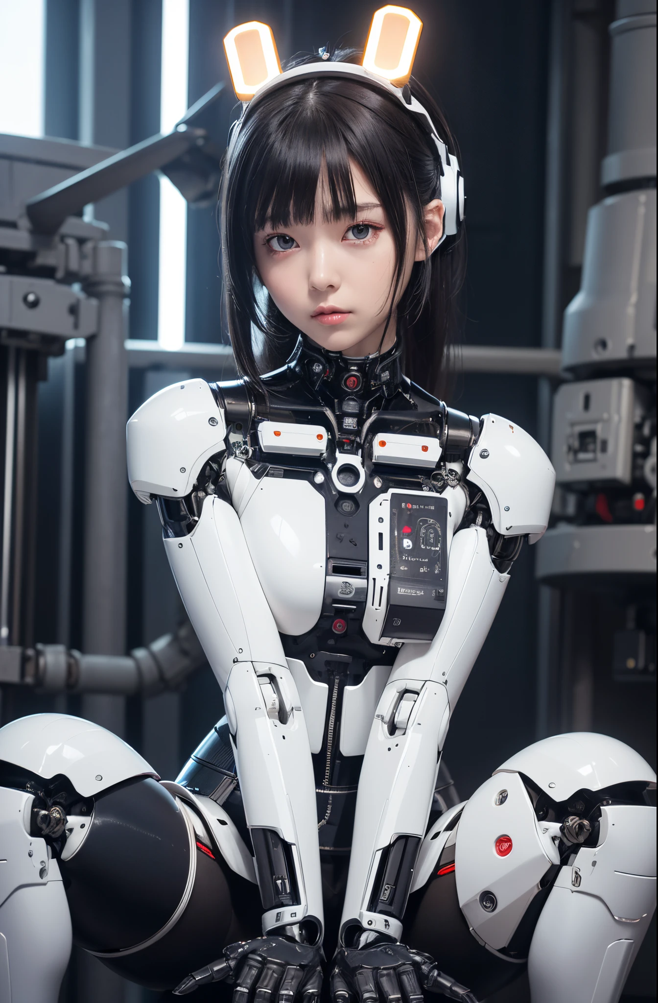 masterpiece, best quality, extremely detailed,  Japaese Cyborg girl,Plump , control panels,android,Droid,Mechanical Hand, Robot arms and legs, Black Robot Parts,Black hair,Mechanical body,Blunt bangs,White robotics parts,perfect robot girl,long tube,thick cable connected her neck,ceramic body ,mechanical body, mechanical ear cover, mechanical costume,android,robot,humanoid,cyborg,japanese android woman ,mechanical chest,full eyes,future laboratory,connecting a cable between the legs,blue eyes