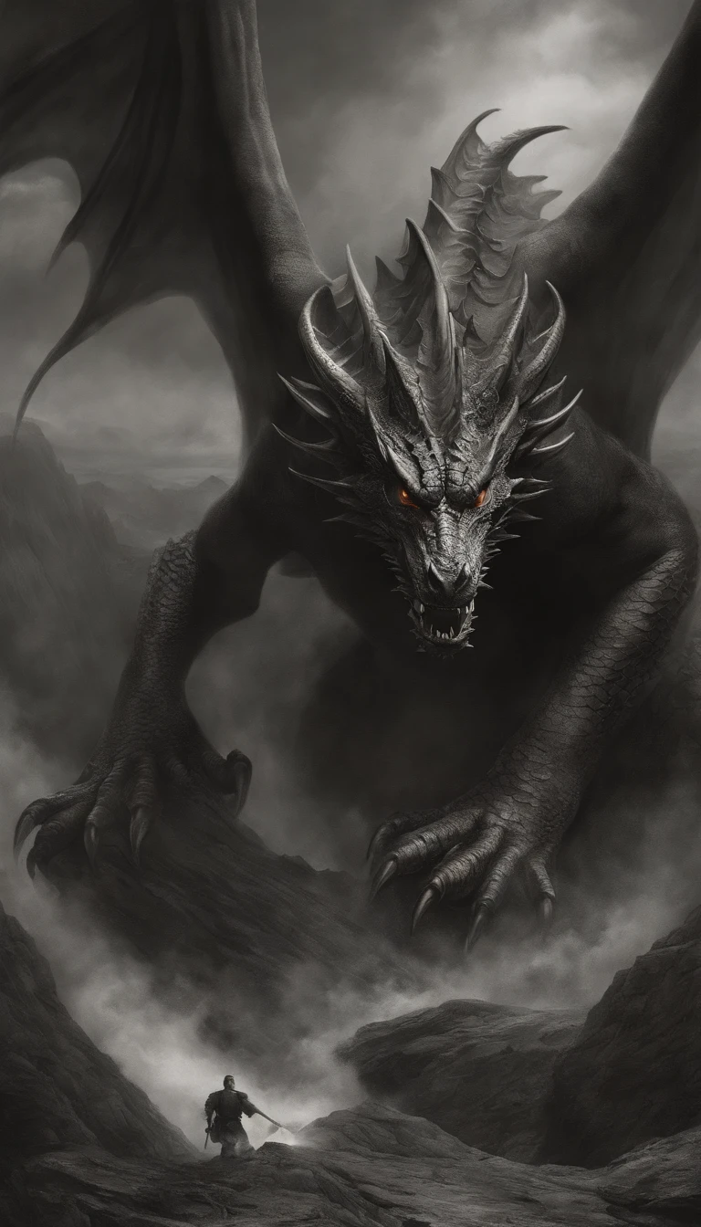 Capture the essence of eternal chaos and impending doom in this masterful graphite rendering by the renowned artist. "Majestad del Infierno: The Malevolent Dragon" It's a visual symphony of darkness and despair., A haunting portrait of a world on the brink of destruction. The heart of the composition is the malevolent dragon, Una criatura de poder insondable y malevolencia. Su cuerpo musculoso se enrolla como una tormenta tempestad, Cada trazo de grafito enfatiza su fuerza y dominio. The dragon's eyes burn with an otherworldly fire, Un resplandor siniestro que atraviesa el alma misma de aquellos que se atreven a encontrarse con su mirada. Sus dientes, Afiladas como cuchillas de obsidiana, drip with poisonous anticipation. As the dragon recedes, Its colossal wings unfold like the tattered remains of a fallen kingdom., proyectando una sombra ominosa sobre la tierra quemada debajo. The skies are choked by smoke and ash, A testament to the devastation that follows in its wake. Pero en medio del caos, Una ciudadela que alguna vez fue poderosa se encuentra, Now a crumbling bastion of resistance against the dragon's reign of terror. Las llamas lamen sus paredes, Devouring the grandeur that once defined this majestic fortress. The juxtaposition of the dragon's menacing presence and the fragile beauty of the burning citadel serves as a poignant reminder of the fragility of power and the inevitable march of time... The artist's meticulous use of graphite allows for an impressive interplay of light and shadow., Dando profundidad y textura a cada trazo. El espectador es transportado a un reino donde el miedo y el asombro chocan, where the sinister dance of the dragon and the flames freezes in an eternal moment of chaos. "Majestad del Infierno: The Malevolent Dragon" It's more than just a work of art; It is an experience that invites the audience to contemplate the eternal struggle between destruction and resilience.., Potencia y vulnerabilidad. The artist&#39;s deft hand and keen eye have created a masterpiece that will forever haunt the viewer&#39;s imagination.., Un testimonio de lo atemporal