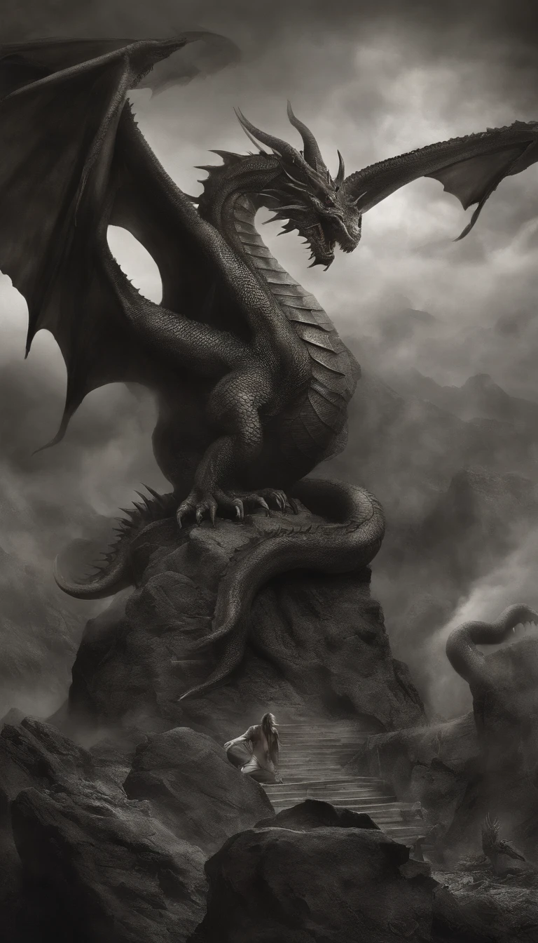 Capture the essence of eternal chaos and impending doom in this masterful graphite rendering by the renowned artist. "Majestad del Infierno: The Malevolent Dragon" It's a visual symphony of darkness and despair., A haunting portrait of a world on the brink of destruction. The heart of the composition is the malevolent dragon, Una criatura de poder insondable y malevolencia. Su cuerpo musculoso se enrolla como una tormenta tempestad, Cada trazo de grafito enfatiza su fuerza y dominio. The dragon's eyes burn with an otherworldly fire, Un resplandor siniestro que atraviesa el alma misma de aquellos que se atreven a encontrarse con su mirada. Sus dientes, Afiladas como cuchillas de obsidiana, drip with poisonous anticipation. As the dragon recedes, Its colossal wings unfold like the tattered remains of a fallen kingdom., proyectando una sombra ominosa sobre la tierra quemada debajo. The skies are choked by smoke and ash, A testament to the devastation that follows in its wake. Pero en medio del caos, Una ciudadela que alguna vez fue poderosa se encuentra, Now a crumbling bastion of resistance against the dragon's reign of terror. Las llamas lamen sus paredes, Devouring the grandeur that once defined this majestic fortress. The juxtaposition of the dragon's menacing presence and the fragile beauty of the burning citadel serves as a poignant reminder of the fragility of power and the inevitable march of time... The artist's meticulous use of graphite allows for an impressive interplay of light and shadow., Dando profundidad y textura a cada trazo. El espectador es transportado a un reino donde el miedo y el asombro chocan, where the sinister dance of the dragon and the flames freezes in an eternal moment of chaos. "Majestad del Infierno: The Malevolent Dragon" It's more than just a work of art; It is an experience that invites the audience to contemplate the eternal struggle between destruction and resilience.., Potencia y vulnerabilidad. The artist&#39;s deft hand and keen eye have created a masterpiece that will forever haunt the viewer&#39;s imagination.., Un testimonio de lo atemporal