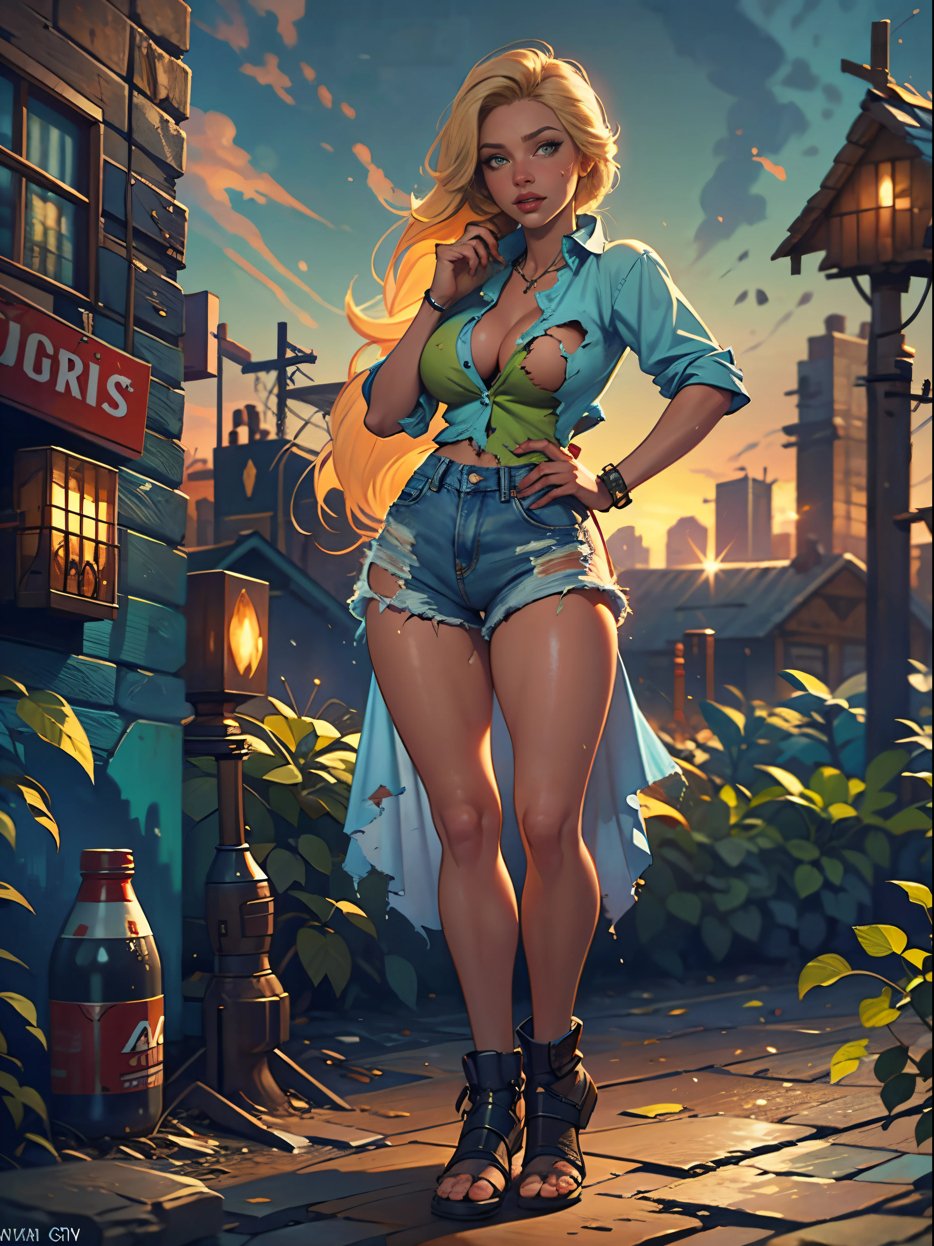 2076 year. The Urban Ruins of the Wasteland, Female huntress picking fruit in the garden, beautiful face, blonde, very torn shirt and denim shorts, shirt in tatters ,  long legs, sweating through, sun rising, Nice warm colors, head to toe full body shot