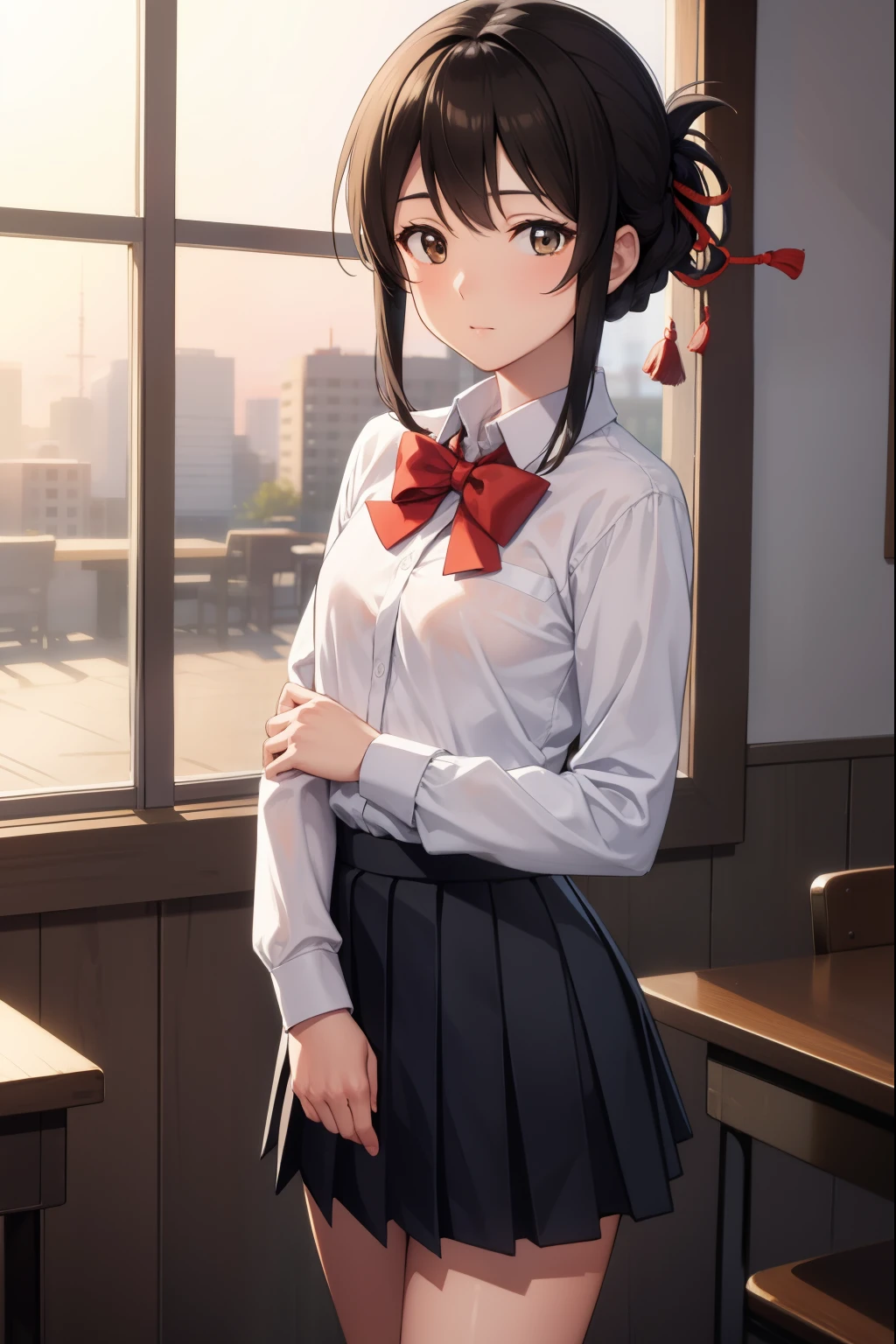 mitsuhamiyamizu, mitsuha miyamizu, black hair, (brown eyes:1.5), hair ribbon, (small breast:1.2),
BREAK bow, bowtie, kneehighs, pleated skirt, red bow, red bowtie, school uniform, skirt, white shirt, long sleeves,
BREAK looking at viewer,
BREAK indoors, classroom,
BREAK (masterpiece:1.2), best quality, high resolution, unity 8k wallpaper, (illustration:0.8), (beautiful detailed eyes:1.6), extremely detailed face, perfect lighting, extremely detailed CG, (perfect hands, perfect anatomy),