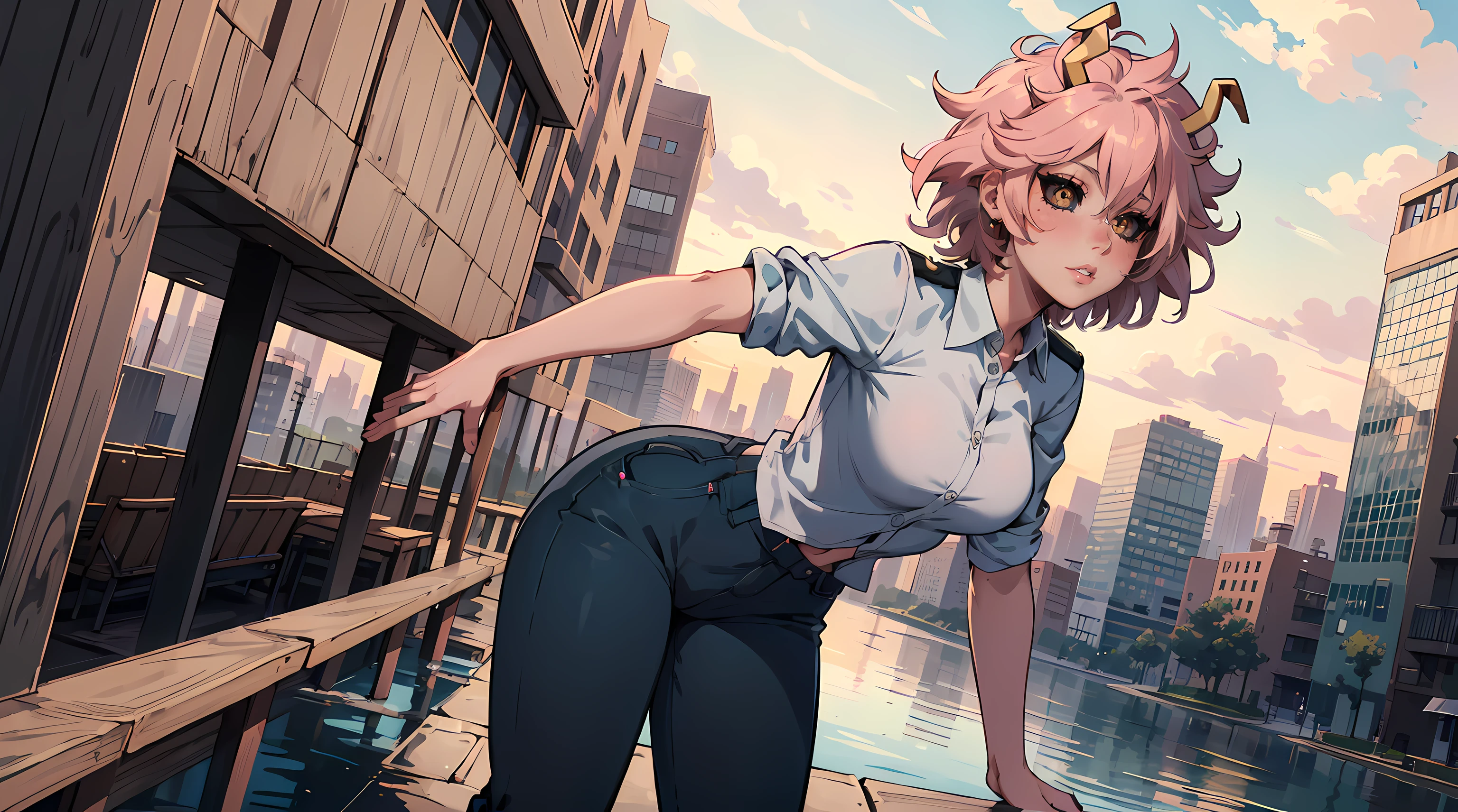 (best quality:1.3), (4k quality), 1 mature woman, Mina Ashido by boku no hero, ((Detailed face)), (blush), city, (pants leather)