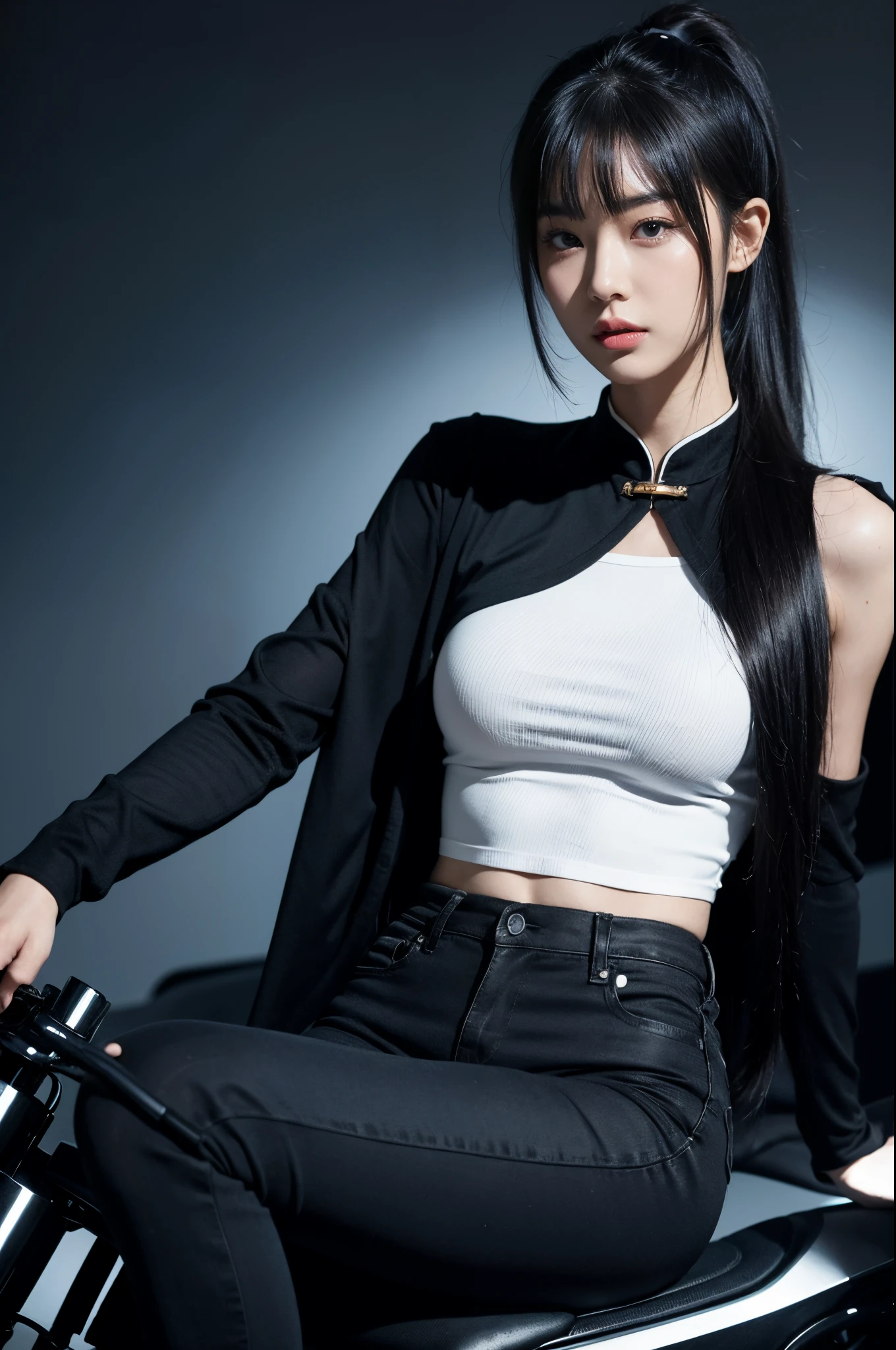 Chinese woman, 25 age old, Handsome and sexy,armed police uniform,black soldier costume,Black Jeans,black pantyhoses.DAY TIME,Riding a motorcycle, Calm and indifferent, Detailed body, Detailed faces, oily body, A gorgeous one, hyper realisitc, is handsome and charming, heroic look, long ponytail hairstyle，By bangs,The amount of hair is amazing,Flowing hairstyle,ambientlighting,detailedbackground,Volumetriclighting,cel shadow,8K