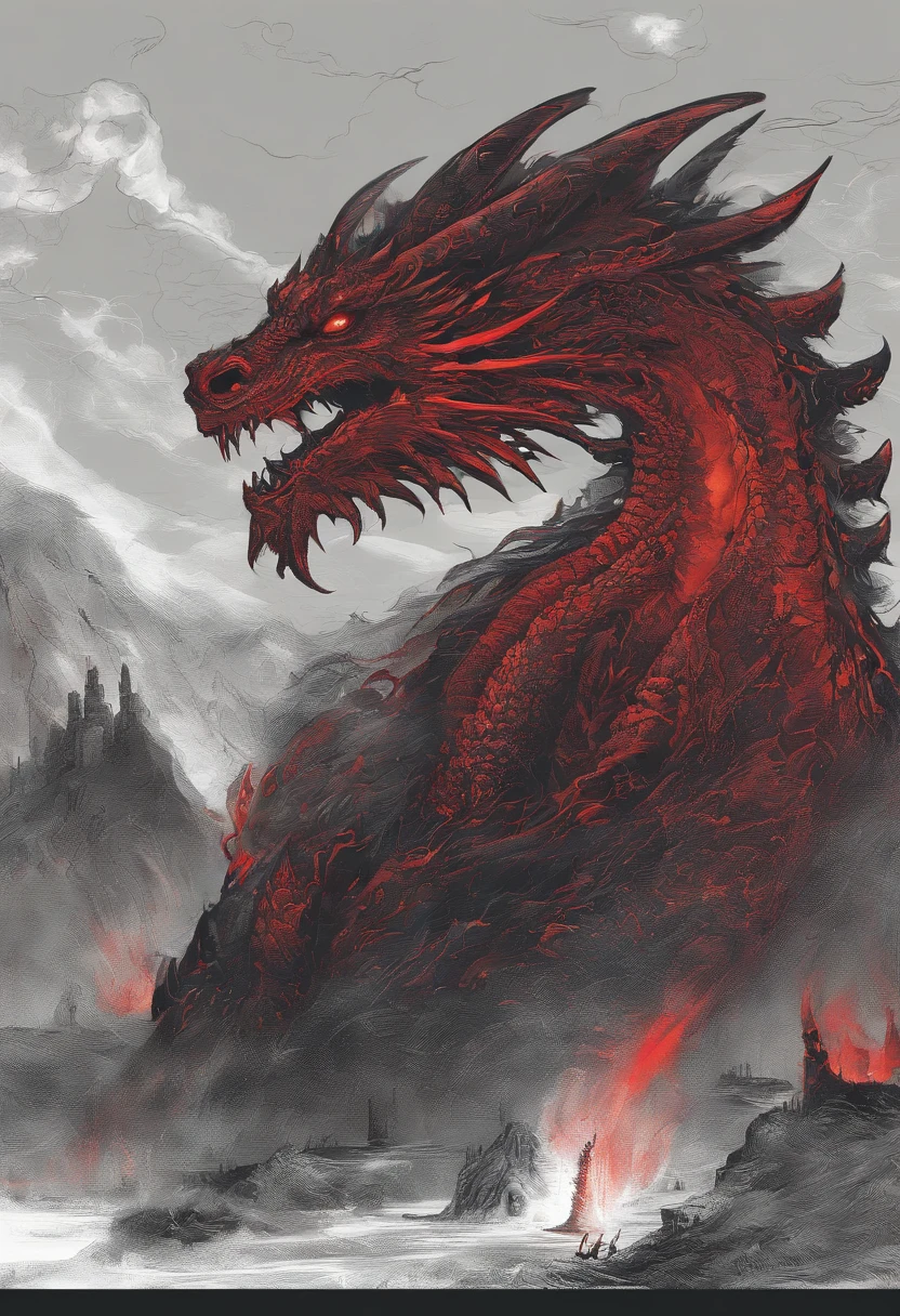 Black dragon,rugido,Feroz,inmensidad,Los ojos brillan en rojo,Efecto resplandor,Rodeado de nubes,nubes espesas,Buliding,中景 the scene is,cuerpo completo como, VFX surrealista altamente detallado,OC rendering,Soplar fuego por la boca、Cola larga、garras afiladas、live-action、32K、ojos rojos