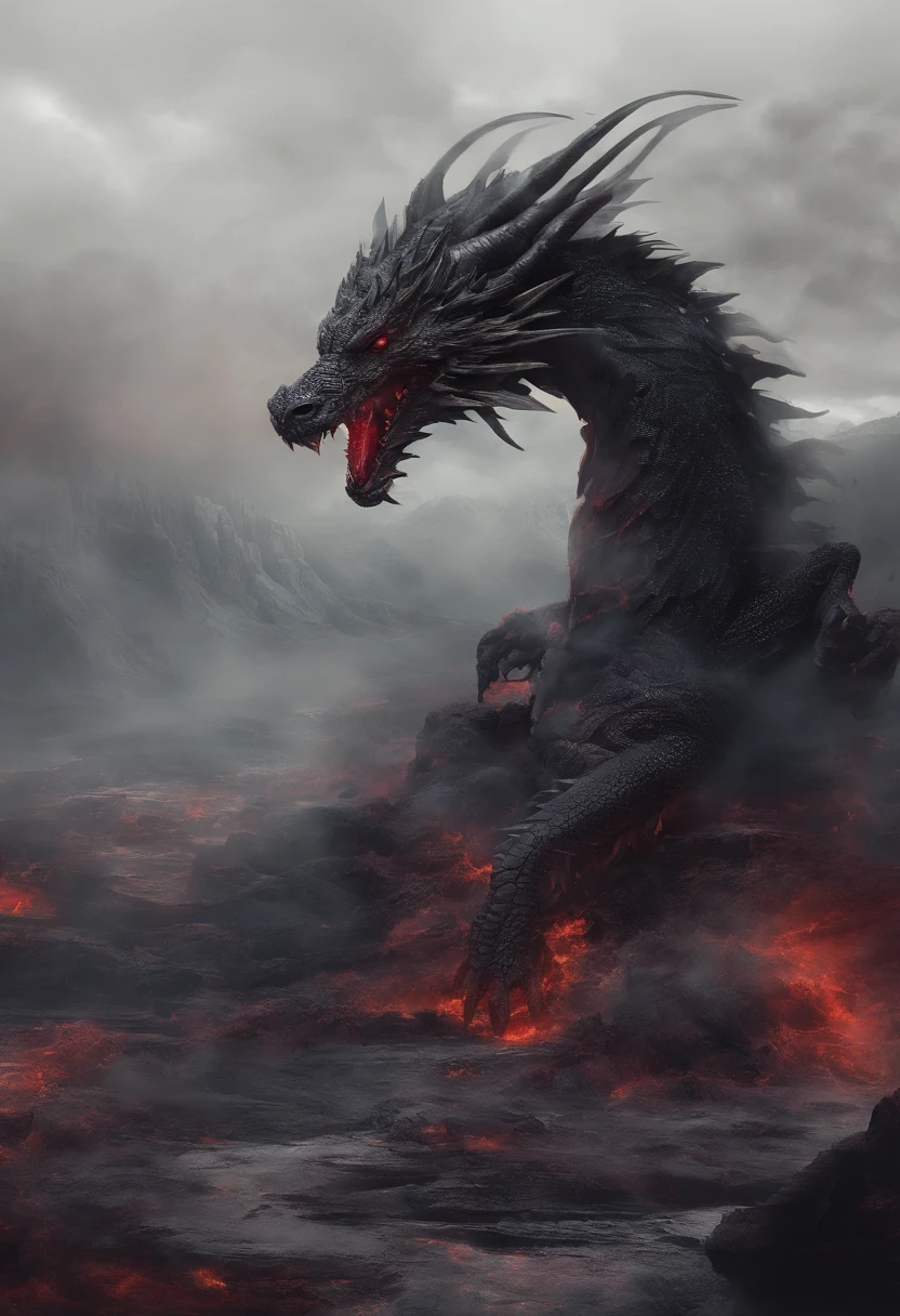 Black dragon，rugido，Feroz，inmensidad，Los ojos brillan en rojo，Efecto resplandor，Rodeado de nubes，nubes espesas，Buliding，中景 the scene is，cuerpo completo como， VFX surrealista altamente detallado，OC rendering，Soplar fuego por la boca、Cola larga、garras afiladas、live-action、32K、ojos rojos