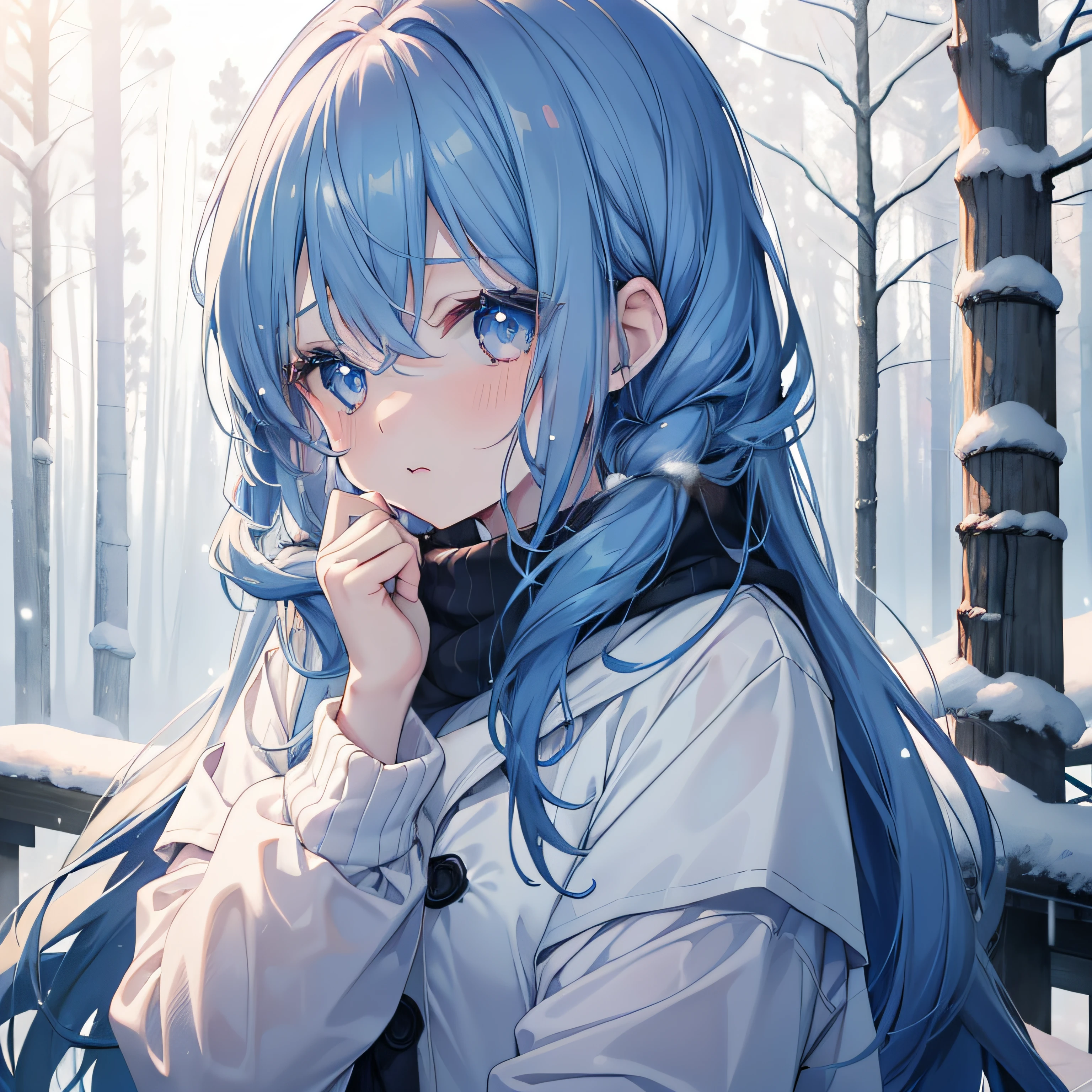 1girl in, (Teen), (close up), (Cute:1.2), Closed mouth, Wet your lips, (rosy cheeks), (Shy), (pale skin), (Dark blue eyes), (Blue hair), (Long hair), (Long strands), (Cold:1.4), (Young pine forest), (Snow),