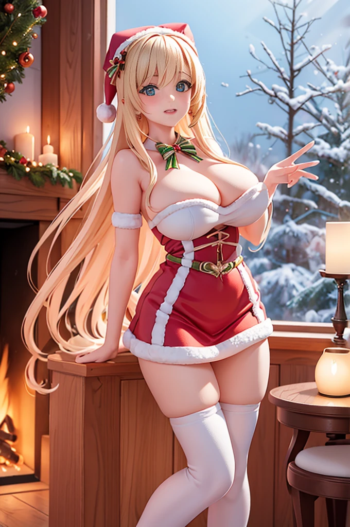 Beautiful and ???? Santa girl wearing ???? foam that matches beautiful Santa costume, Many FIR complex designs,Slim body, ?????, thin waist. In a magical cozy cottage filled with majestic Christmas decorations, Fireplace fire, The contrast between warm light and cold blue Take in the winter wonderland outside from the large windows. The cottage contains a lot of beautiful trees, A peek inside the magic.