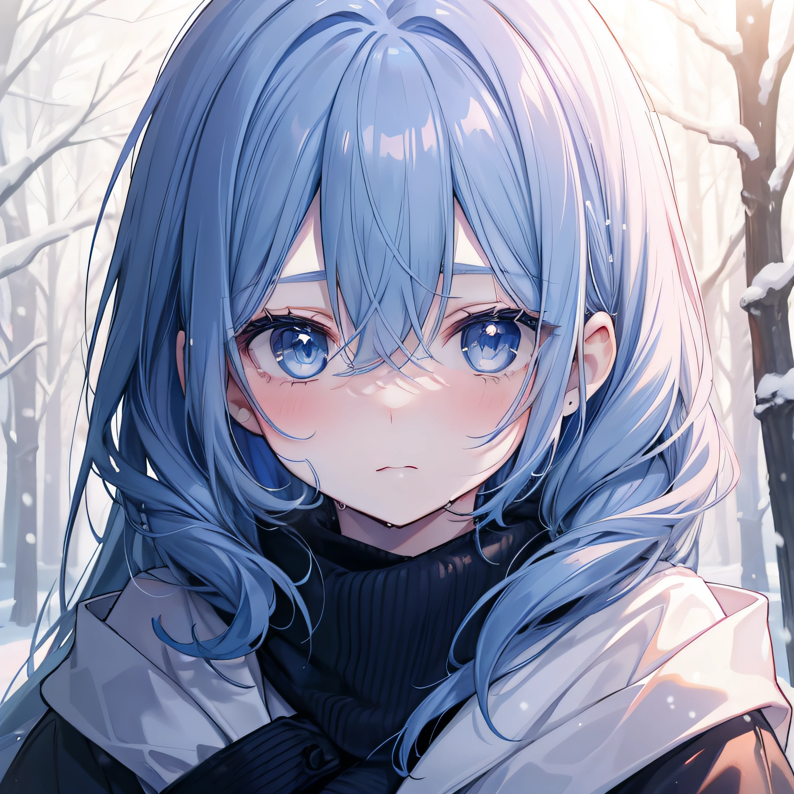 1girl in, (Teen), (close up), (Cute:1.2), Closed mouth, Wet your lips, (rosy cheeks), (Shy), (pale skin), (Dark blue eyes), (Blue hair), (Long hair), (Long strands), (Cold:1.4), (Young pine forest), (Snow),