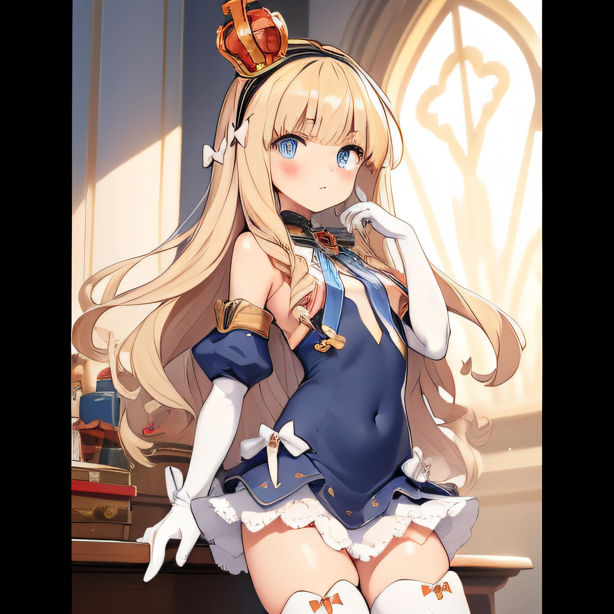 Arms crossed,Little, SD,(masterpiece, highest quality:1.2),figure,8k,High resolution,One girl,alone,upper body,(Portraiture:1.2),blonde_hair,length_hair,green_eye,hairband,mini_Crown,hair_bow,前hair,black_hairband,small_chest,white_bow,very_length_hair,gloves,white_gloves,white_Knee socks,dress,tooth,Wat,Covered_belly button,independent_sleeve,flat_chest,V-shaped_Eyebrow,zettai_ryouiki,independent_collar,full_body,ribbon,
