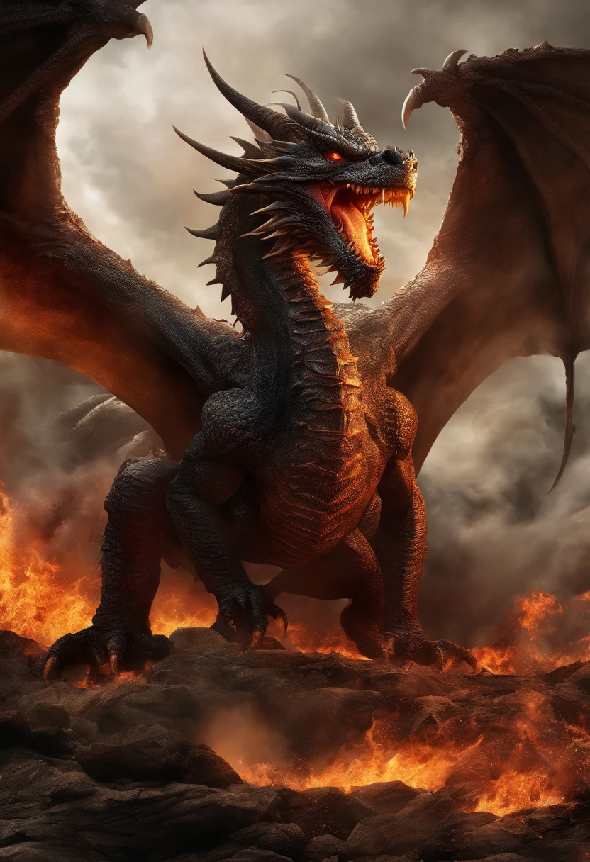 (Karthar is the leader of the dragon clan, a massive and ancient wyrm with scales resembling polished obsidian and eyes that gleam like molten gold. His wings are vast, and his breath can manipulate both fire and earth, creating volcanic eruptions or earthquakes..