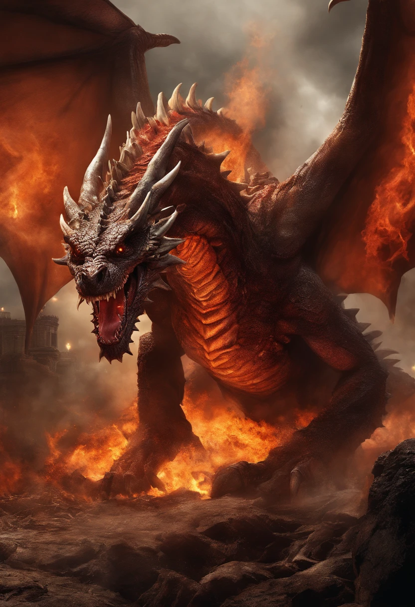 Create a realistic image of a large dragon in the middle of hell, his open mouth spewing lava burning his eyes and ears spewing flames into his mouth.