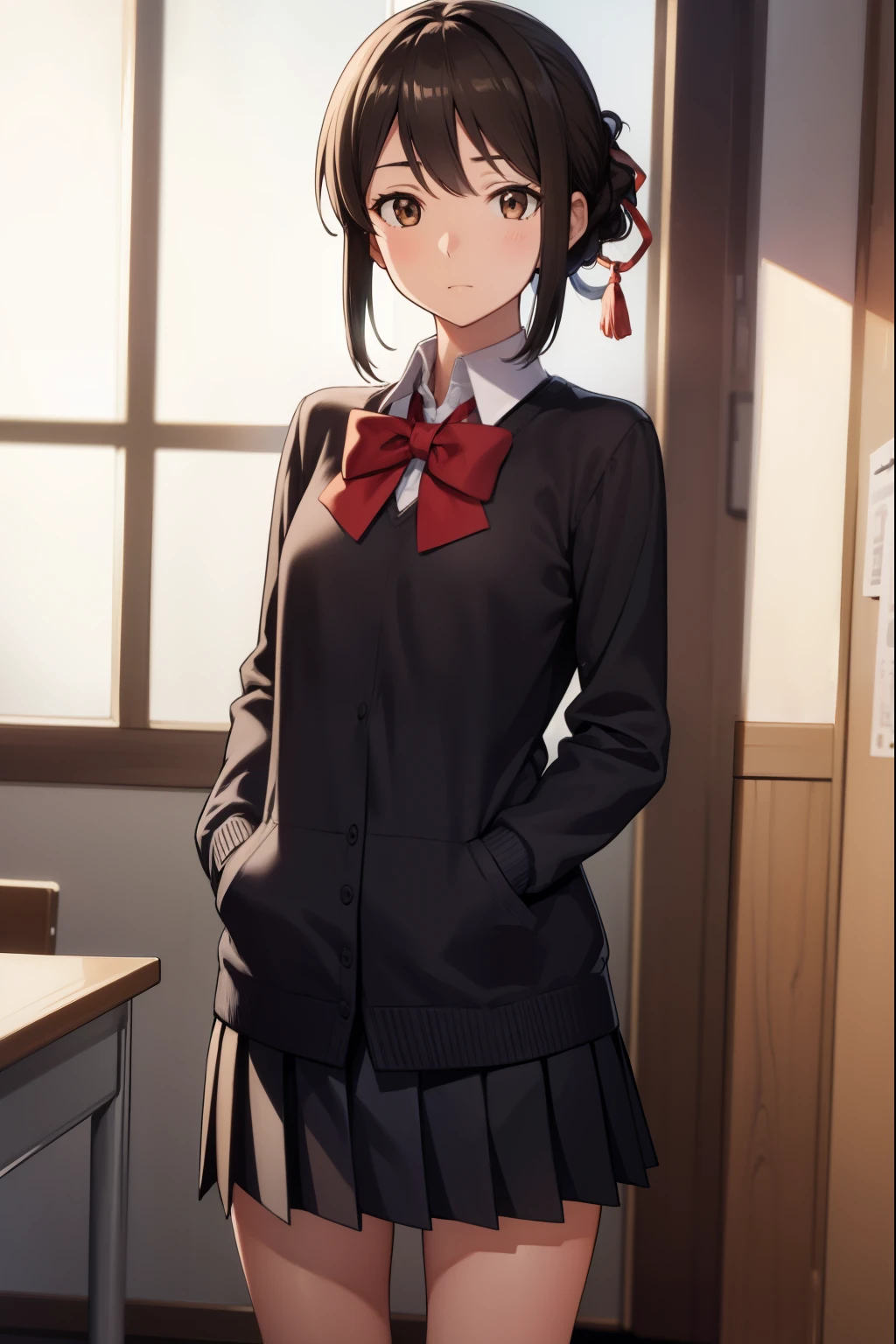 mitsuhamiyamizu, mitsuha miyamizu, black hair, (brown eyes:1.5), hair ribbon, (small breast:1.2),
BREAK bow, bowtie, kneehighs, pleated skirt, red bow, red bowtie, school uniform, skirt, white shirt, long sleeves,
BREAK looking at viewer,
BREAK indoors, classroom,
BREAK (masterpiece:1.2), best quality, high resolution, unity 8k wallpaper, (illustration:0.8), (beautiful detailed eyes:1.6), extremely detailed face, perfect lighting, extremely detailed CG, (perfect hands, perfect anatomy),