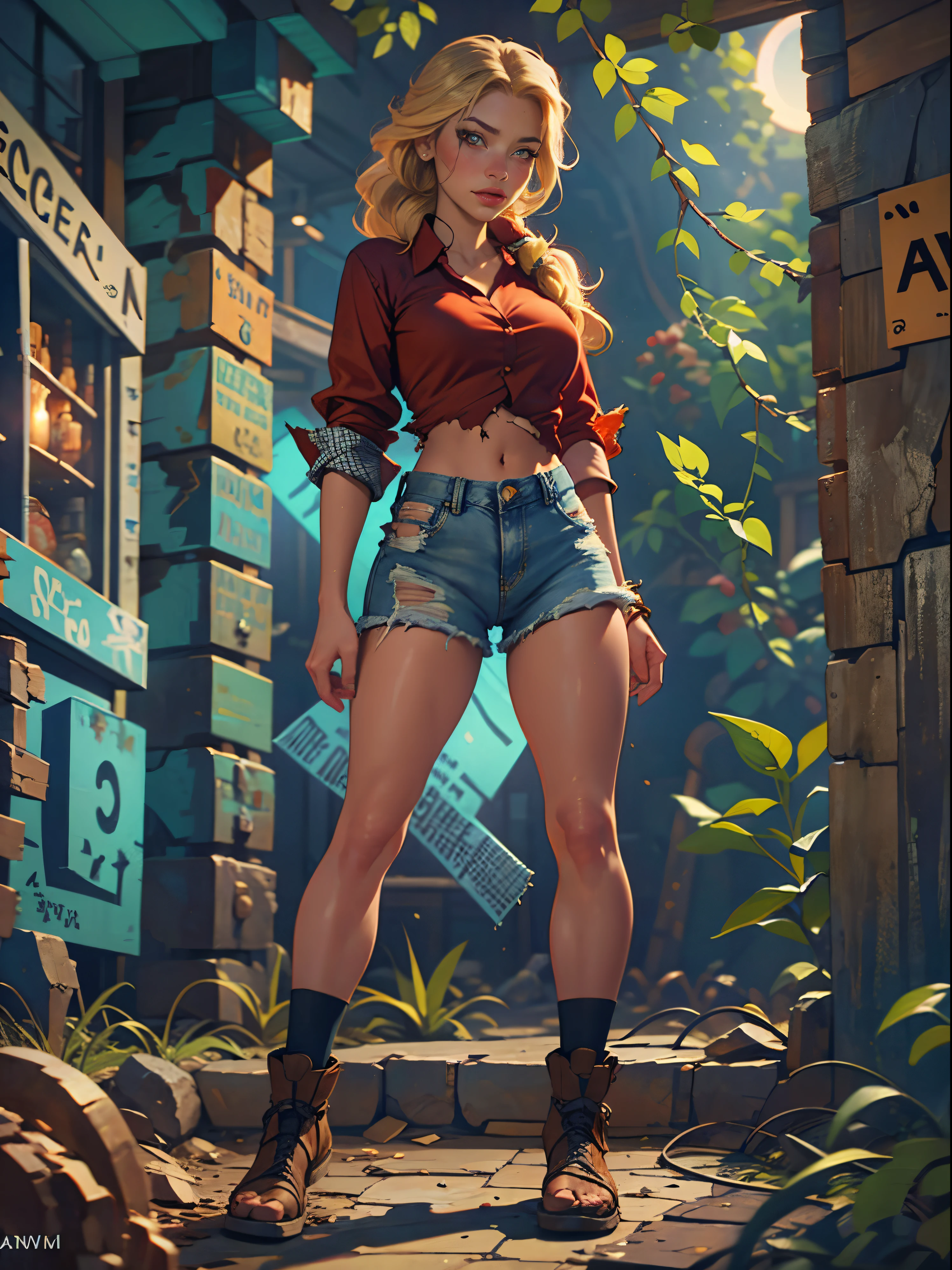2076 year. The Urban Ruins of the Wasteland, Female huntress picking fruit in the garden, beautiful face, blonde, very torn shirt and denim shorts, shirt in tatters , long legs, sweating through, sun rising, Nice warm colors, head to toe full body shot