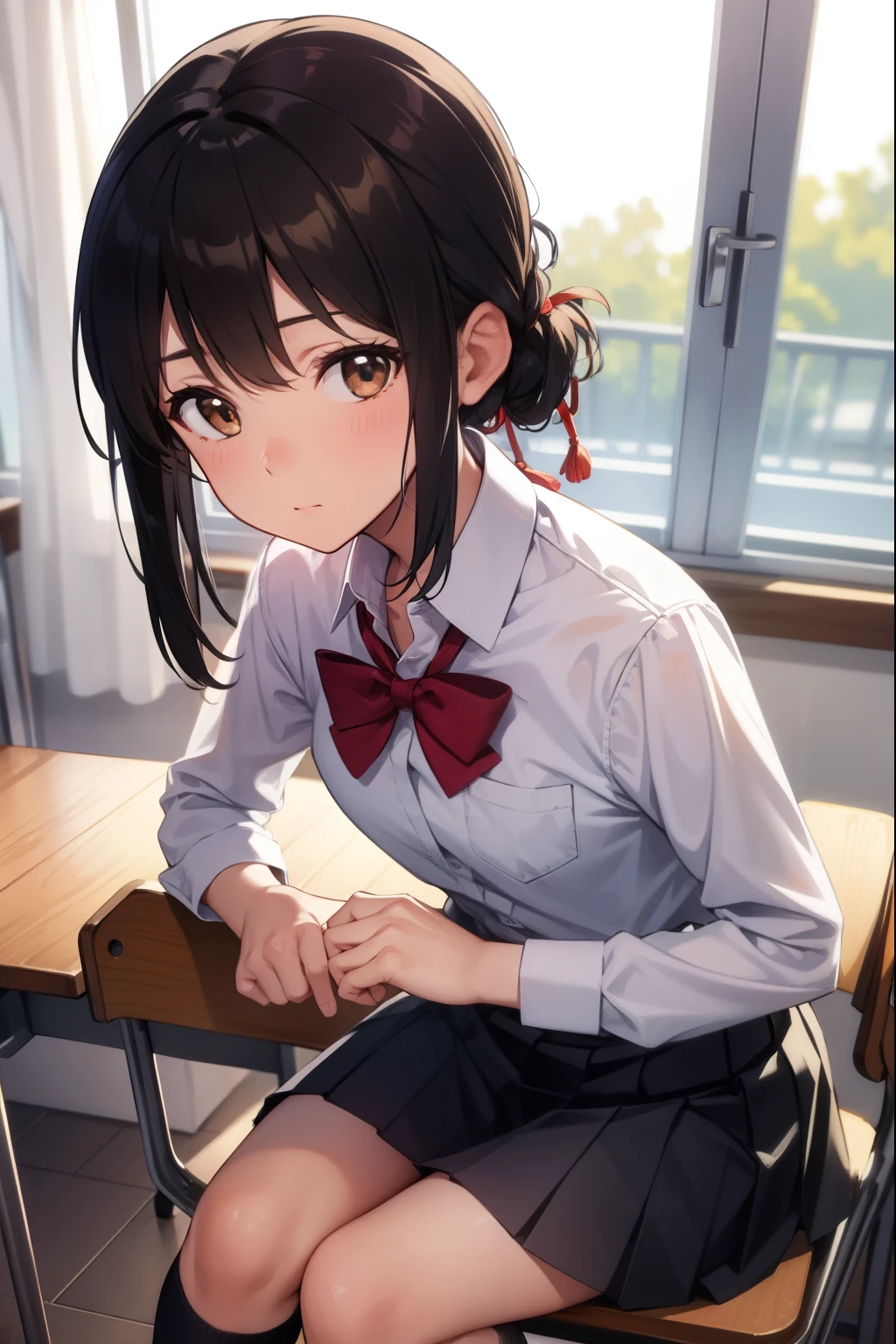 mitsuhamiyamizu, mitsuha miyamizu, black hair, (brown eyes:1.5), hair ribbon, (small breast:1.2),
BREAK bow, bowtie, kneehighs, pleated skirt, red bow, red bowtie, school uniform, skirt, white shirt, long sleeves,
BREAK looking at viewer,
BREAK indoors, classroom,
BREAK (masterpiece:1.2), best quality, high resolution, unity 8k wallpaper, (illustration:0.8), (beautiful detailed eyes:1.6), extremely detailed face, perfect lighting, extremely detailed CG, (perfect hands, perfect anatomy),