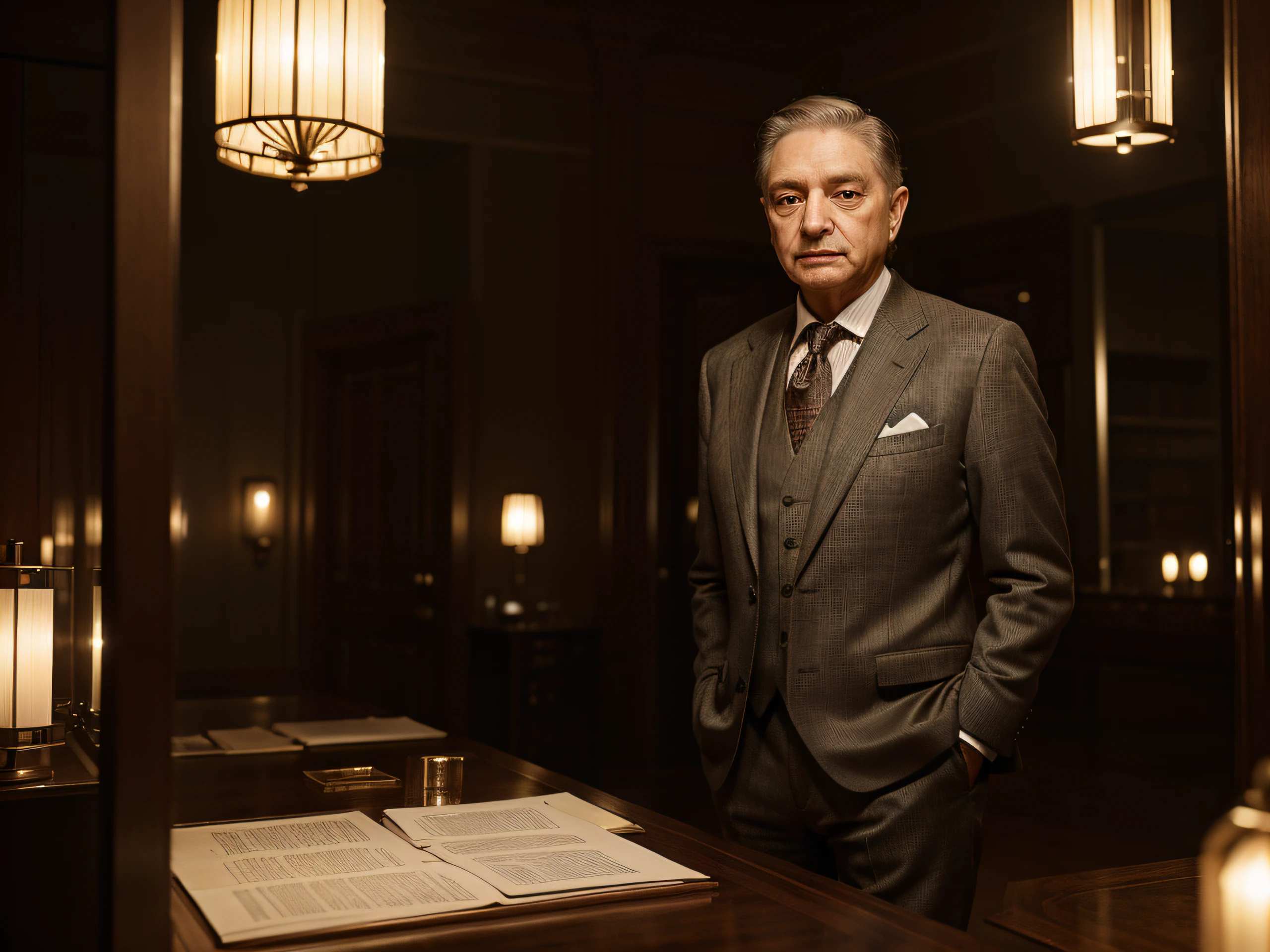 Famous trader George Soros, wearing a suit, beautiful lighting, best quality, realistic, full-length portrait, realistic image, intricate details, depth of field. highly detailed