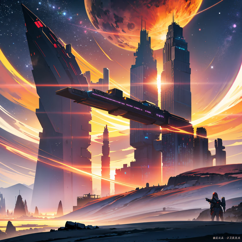 he Great Rift Valley region of the Martian Mo River alluvial plain，Rock Sugar Onyx nuclear-powered command gunboat Black Gold Cruiser Tower Snow Red Marble Glow Space Station 1:3 Models，starrysky，Cyberpunk art of a，Rembrandt light，Detail portrayal，macro shot，surface reflection，high definition detail，Dingdall effect，Light and shadow intensification，The light shines，particle fx，3D modeling，Surface reflected light，detail-rich，The texture is delicate，Strong visual impact，Hyper-detailing，A high resolution，high saturated，Ray traching，Light and shadow effects，16K smooth，A high resolution