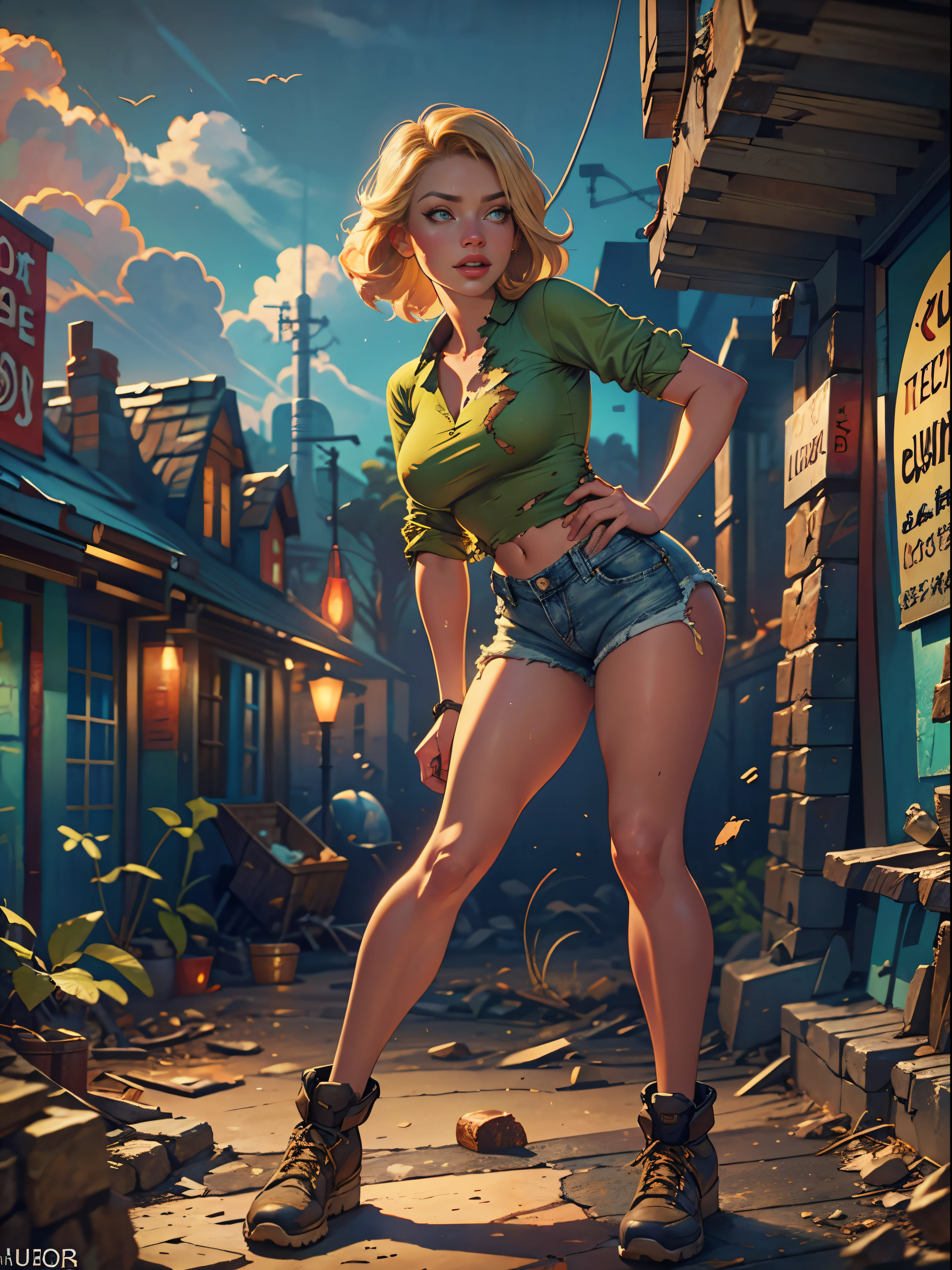 2076 year. The Urban Ruins of the Wasteland, Female huntress picking fruit in the garden, beautiful face, blonde, very torn shirt and denim shorts, shirt in tatters , long legs, sweating through, sun rising, Nice warm colors, head to toe full body shot