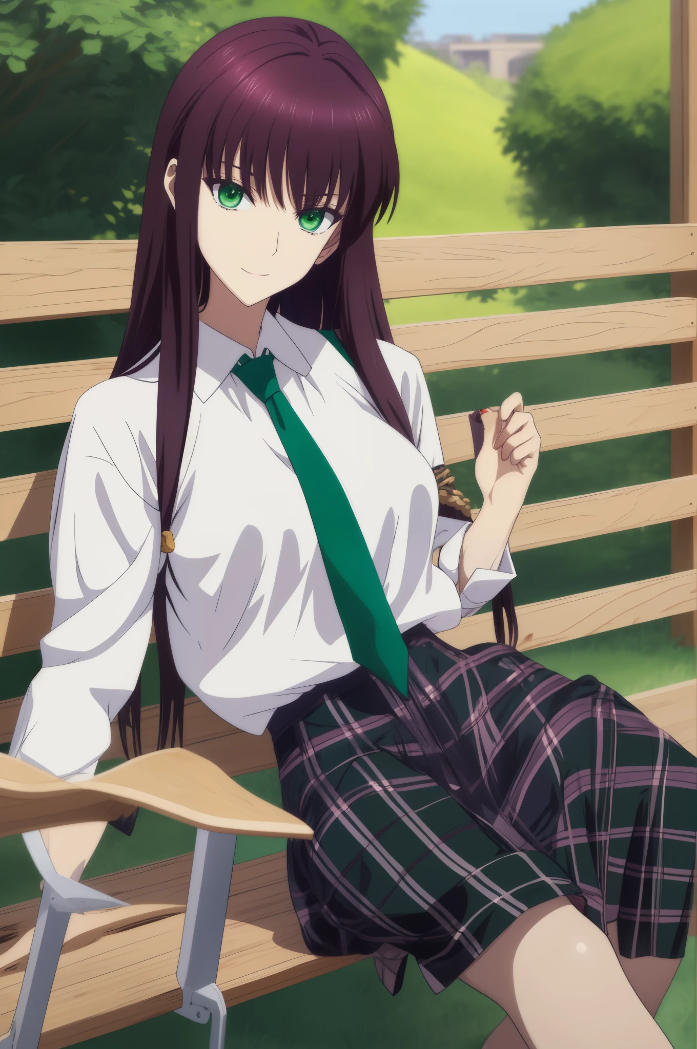 Anime girl sitting on a bench, beautiful anime high school girl, anime moe art style, a hyperrealistic schoolgirl, Seductive Anime Girl, an anime girl, Realistic Schoolgirl, charming anime girls, a hyperrealistic schoolgirl, Anime Girl,8K UHD, hight resolution,Very detailed CG, High quality shadows, Detail Beautiful delicate face, Detail Beautiful delicate eyes,BREAK(Very detailed 8k wallpaper),(Highly detailed CG 8K wallpaper),Makima (chain saw man),Sukasaha (Fate/grand order),Shimohira Reihua ,Hi-Res,Very delicate and beautiful CG illustration,top-quality,Realistic skin feeling,Realistic fabric,Realistic texture,beautiful thigh,big breasts thin waist,(((masutepiece))), (((Best Quality))),8K,32K,masterpiece,beautiful alluring anime woman,ultra-definition,ultra-detailliert,hight resolution,a hyperrealistic schoolgirl,masuter piece, Best Quality, High quality, High Definition, high quality texture, high quality shadow, high detailing,finely detail,1girl in,High school students,Solo,Soio,Only one person,Alone,One Person,tall,AS-Adult,Mature atmosphere,Leg length,neat and long legs,8 Head Body,stature:171cm,Mature girls,Reddish-purple hair,Reddish-purple hair,Purple hair,cassis colored hair,silky and smooth hair,Colorful hair,Straight hair,Smile,Smiling happily,lively expression,Cute smile,Cool Beauty,Beautuful Women,Neat face, Beautiful realism,Seductive look,Bewitching look,serene expressions,beautiful hairl,She wears a necklace around her neck,Necklace,bead necklace,magatama accessories,A slight smil,Colorful eyes,green colored eyes,Jade-colored eyes,beautidful eyes,Bright eye,Delicat eyes,Eyes Like Gems,Jade Eyes,Hanging eyes,(Green eyes:1.5),Seductive face,((White collared shirt)),Button shirt,neck tie,Red tie,校服,High school students,School Sweater,Dark grey sweater,plaid skirts,plein air,I have a smartphone,After school,early evening,Shoulder back,takeout,a park,