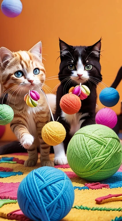 "Three adorable kittens playing with colorful yarn , posing together."