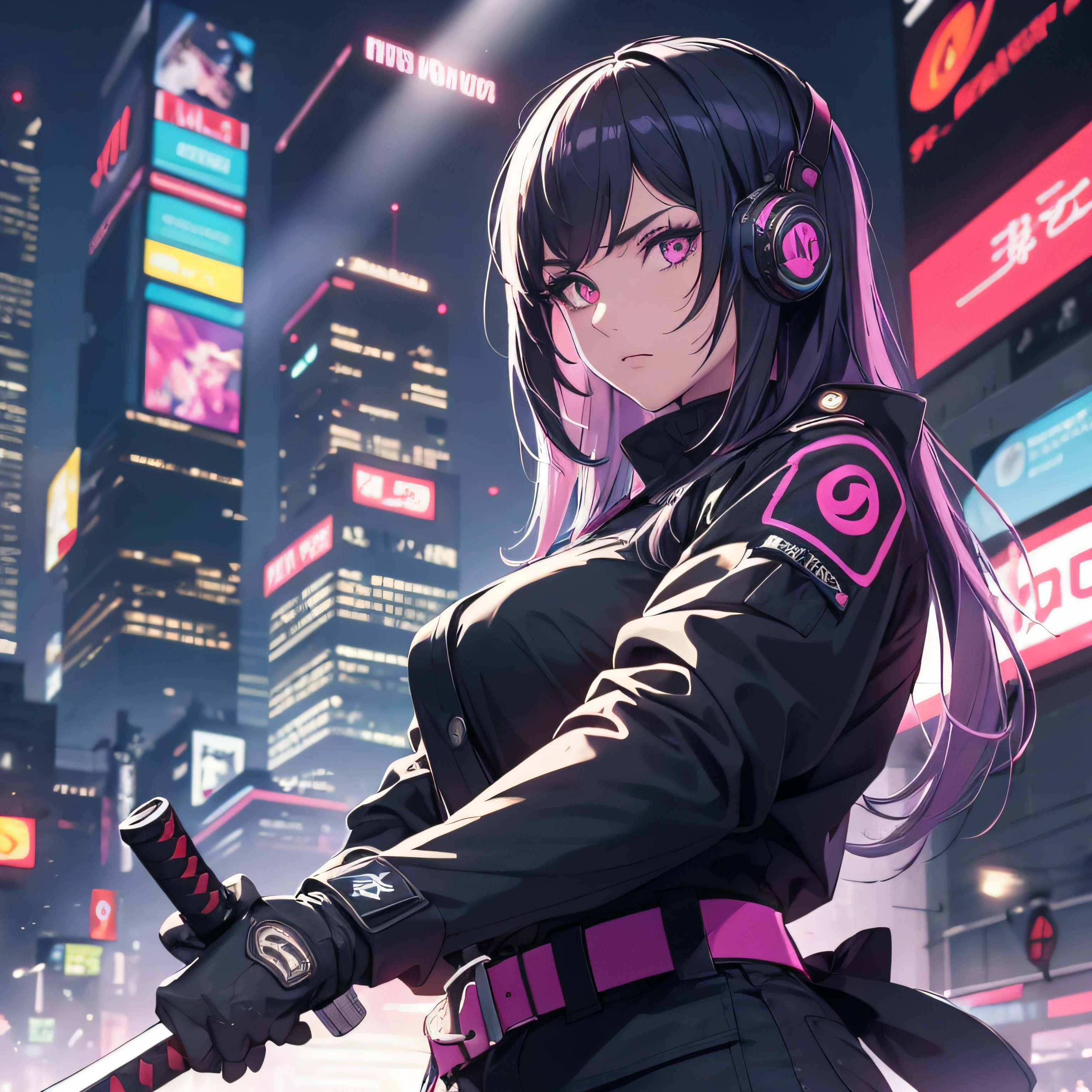 ninja, cyberpunk city background, 1 woman, holding a katana, night, black uniform, katana emanating a black aura with purple, backlighting, reflection light, god rays, blurry, cinematic lighting, motion blur, masterpiece, best quality, masterpiece, super detail, high quality, best quality, 16k, HD, high details