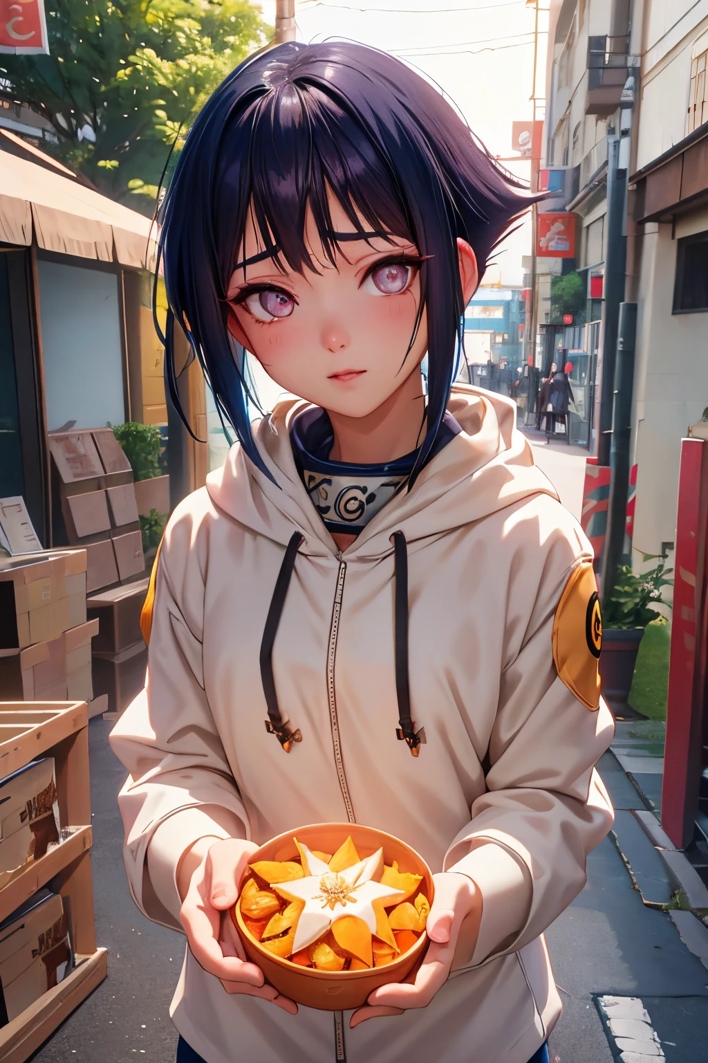 masuter piece, Best Quality, 超A high resolution, top-quality, Anime style, Best Lighting, Beautiful face, 1girl in, Hinata_hyouka, shorth hair, blue hairs, bluntbangs, side locks, White-eyed, no pupils, White hoodie, forehead protector, jaket