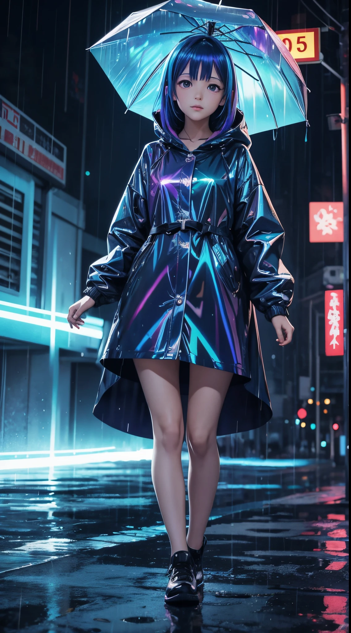 Anime cartoon silly girl standing in the rain in a long raincoat, illustration iridescent, magically glowing, shiny colorful, holograph, By Yuumei, Anime art wallpaper 8 K, Guviz-style artwork, Anime art wallpaper 4k, Anime art wallpaper 4 K, girl in raincoat, Beautiful anime artwork, Digital anime art, Guviz