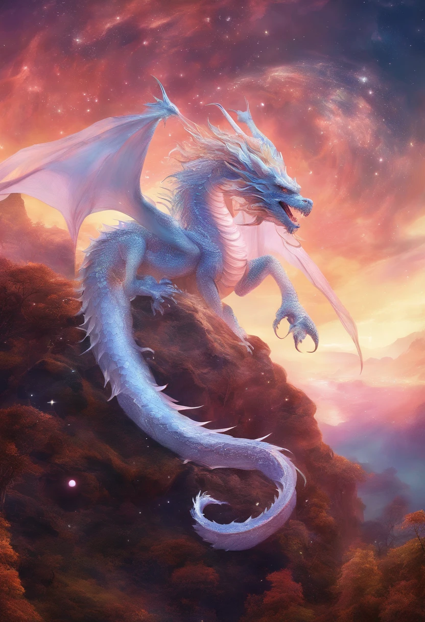 White light cosmic majestic legendary huge dragon flying in the galaxy yugioh art style