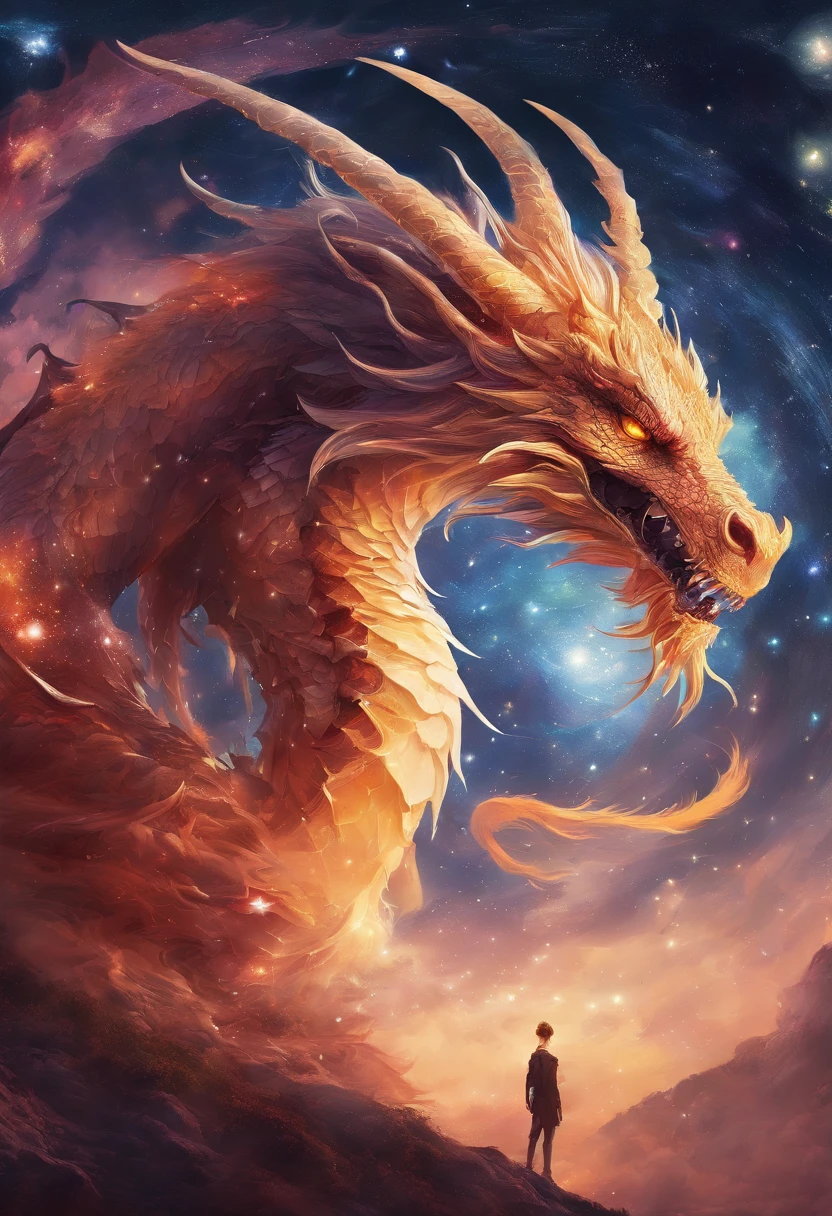 A dragon seemingly formed from the night sky has bright white stars for eyes.. Lesser stars shine in the firmament of the dragon's body, Void dragons make their lairs deep in the frigid, espacio sin aire entre las estrellas,Super-fino,Ultra foto realsisim,hyper-realistic,Obras de maestros,8K wind resolution,OC renderizador,