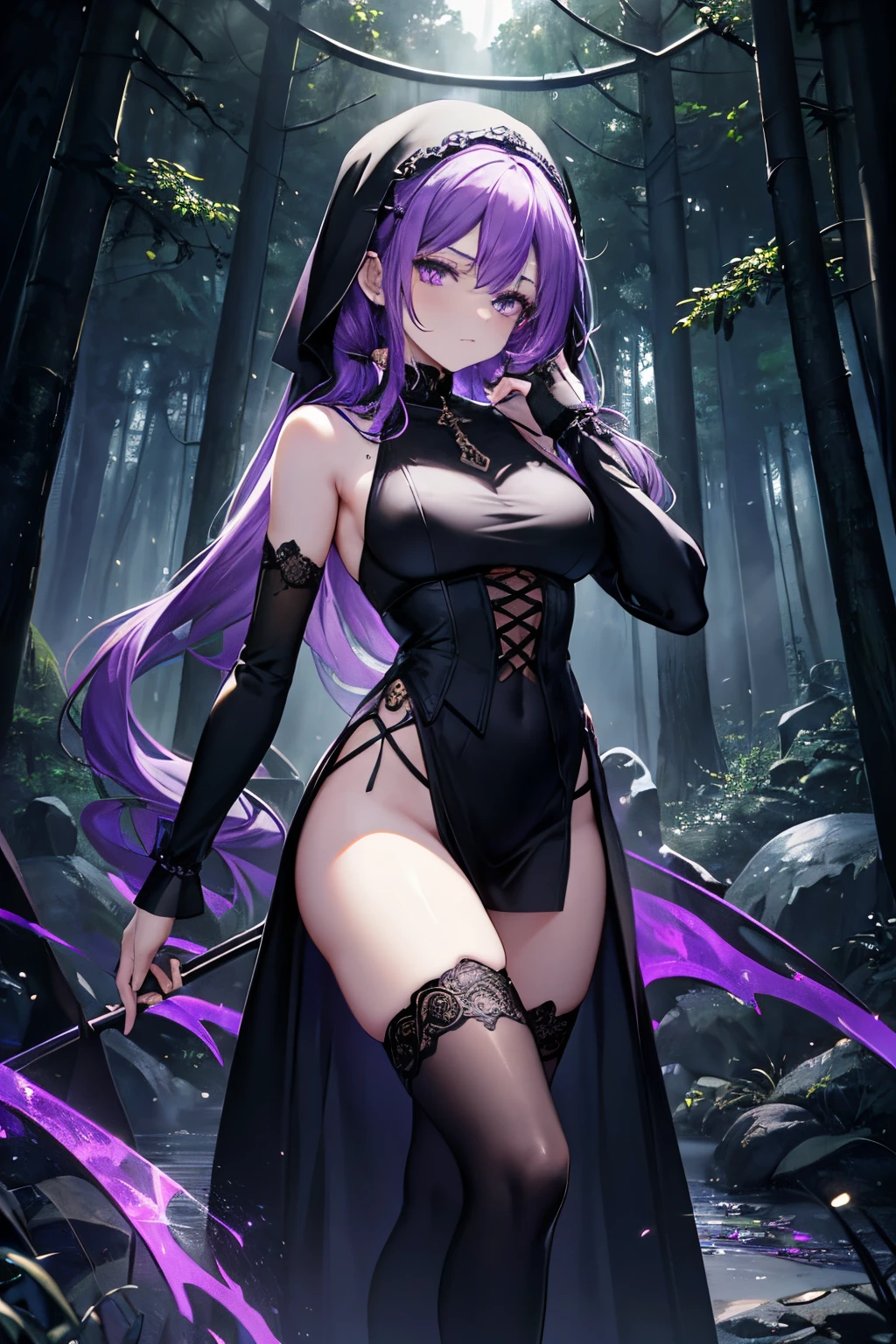 (Best quality at best, 4K, 8K, A high resolution, tmasterpiece:1.2), ultra - detailed, witch army, Sleek purple hair, high ponytails, dark circle mask, nun, Sister, Gothic style, sad expressions, face expressionless, Purple lace black mini dress, Purple lace embellished dress, Purple gemstone accessories, Metal boots, Black gloves, Black arm cover, in dense forest, in dark woods, Fantasyart, exposed bare shoulders, Beautiful long legs, Tall, Golden ratio chart, Broad chest and thin waist, Hourglass figure, bubble butt