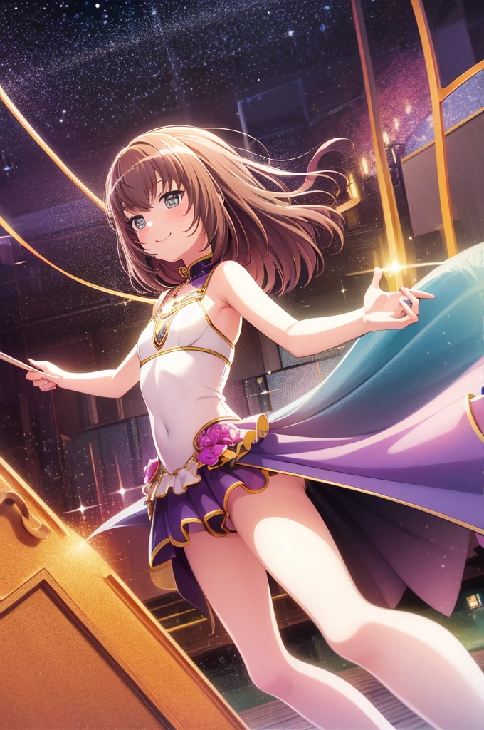 tmasterpiece,High quality anime illustrations,ultra - detailed,Solo girl,独奏,beautiful girl with brown hair,anime change,Cat-eared ,Light Night Perspective Dancer Costume,ssmile,enhancer,Chest enhancement under bare skin,thighs focus