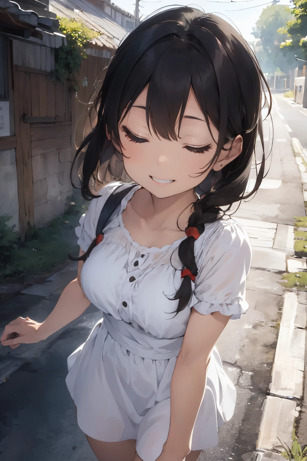 hight resolution, One beautiful loli girl, (Soft Saturation:1.3),(light skinned:1.2), (hyper detailed background), focus, white dress,Portrait of smiling girl,When viewed from the front,The composition is symmetrical, Look straight at you with closed eyes,middlebreasts, outside of road,Uncharted,rays of sunshine, strong lights,front lit, (small ??? ager:0.7),(cowboy shot:1.2),break Angle from the front, looking at viewert, dynamicposes, view from top