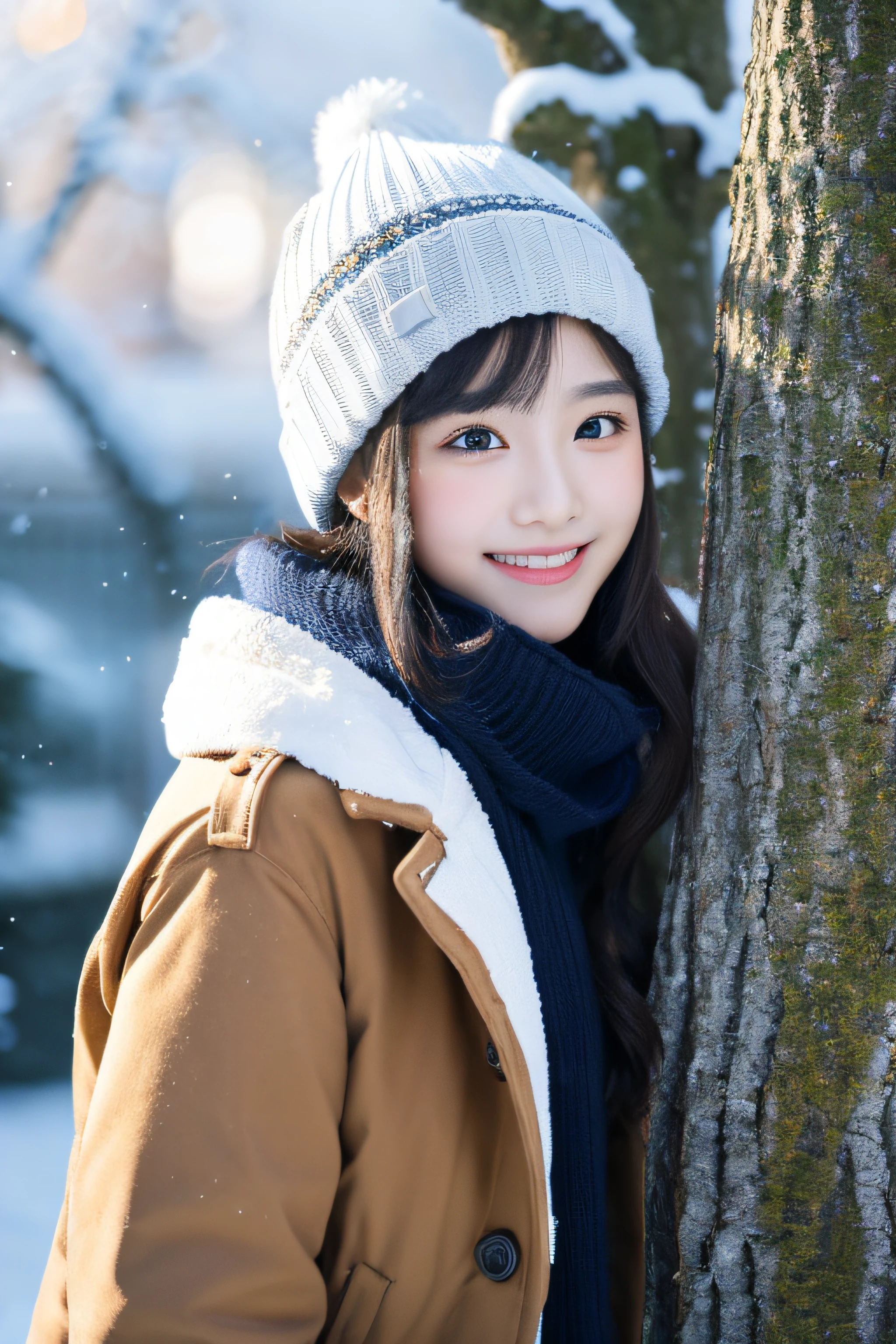 (Photographed by my boyfriend)、((No clothes))、cold、I'm so embarrassed、order an embarrassing pose、((front view))、(highest quality、masterpiece)、NSFW、Stylish nudity、blush、Life、8k、ribbon hair ornament、looking at the viewer、wavy hair、laughter、open your mouth and smile、smile、Good atmosphere on site、with a 17 year old girl, snow scene, winter wonderland, cute and innocent look, rosy cheeks, sparkling eyes, woolen hat、Pose with movement、footsteps in the snow, falling snowflakes, frosty tree, snow ground, soft snow texture, gentle and delicate lighting, pastel color palette, dreamy atmosphere, quirky and magical, 高解像度のmasterpiece:1.2, Super detailed, realistic:1.37, bright colors, Bokeh、無邪気なsmile、hair blowing in the wind、close up of face、Smiling、