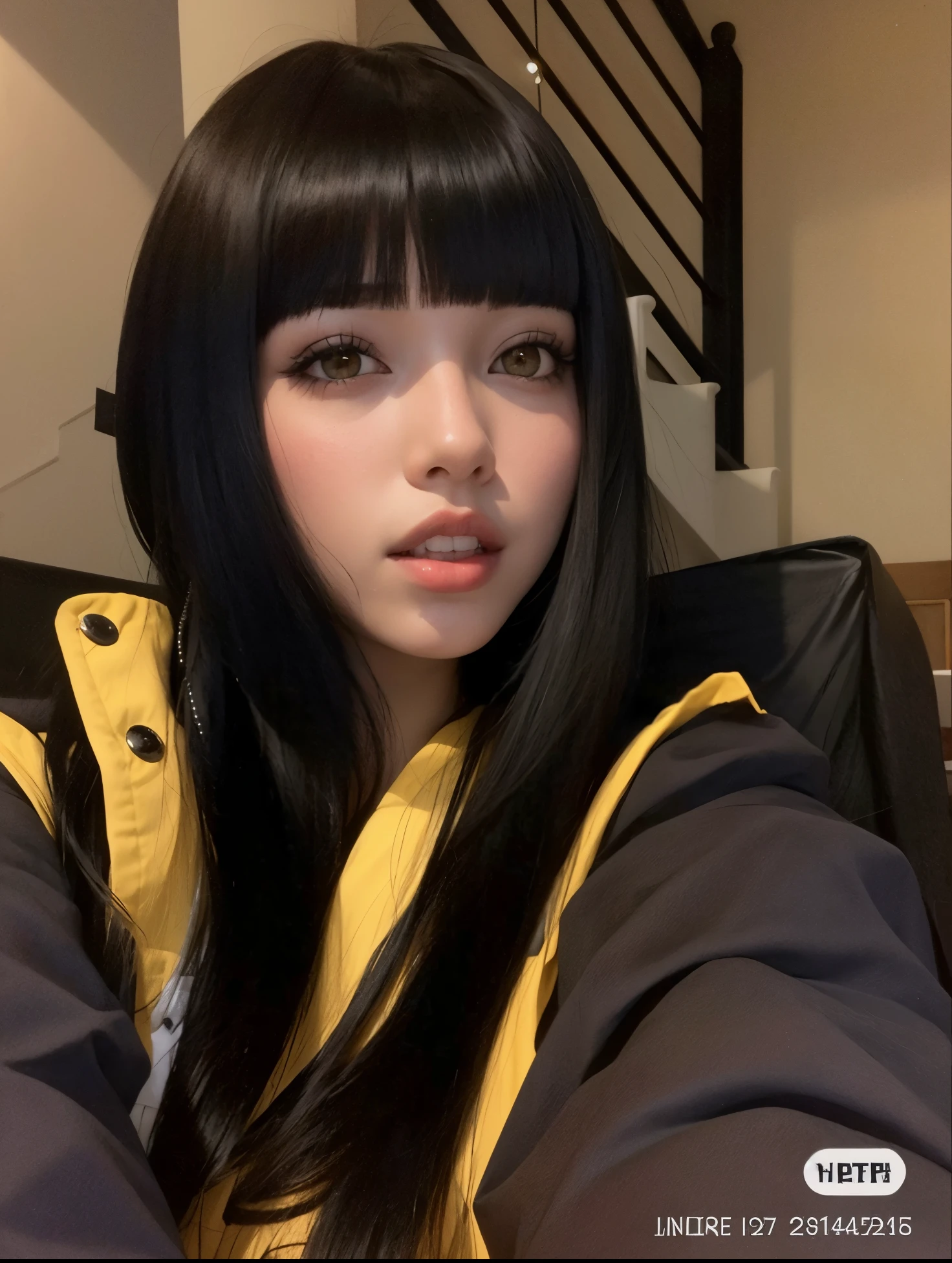 mulher arafada com longos cabelos pretos e uma jaqueta amarela e preta, ela tem cabelo preto com franja, garota de anime na vida real, cabelo arrumado com franja, corte de cabelo preto hime, cabelo preto longo com franja, penteado com corte hime branco, 🤤 retrato de , o corte Hime, cabelo longo e escuro com franja, com cabelo preto liso