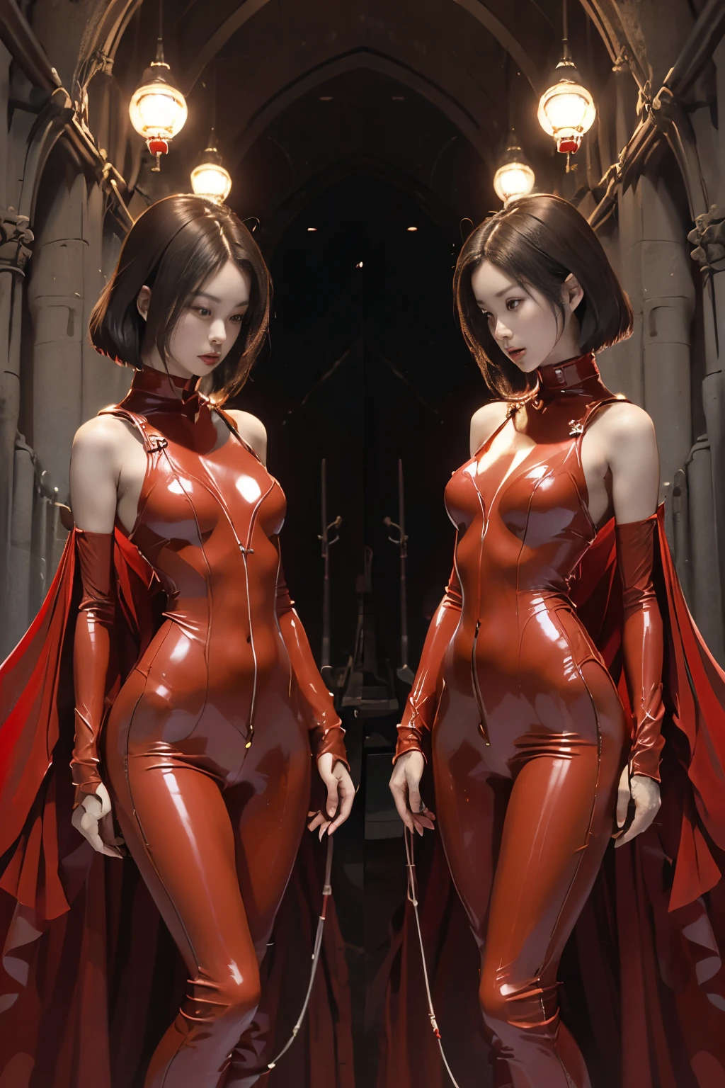 Japanese maiden posing in a red rubber catsuit,((small tits,well-shaped bust,slim body and constricted waist,)),(((Absolute full-length images,front-facing view))),Sexy Catsuit, Bondage style,short hair of dark chestnut color,,,,,,,,,,,,,,,Inside the cathedral