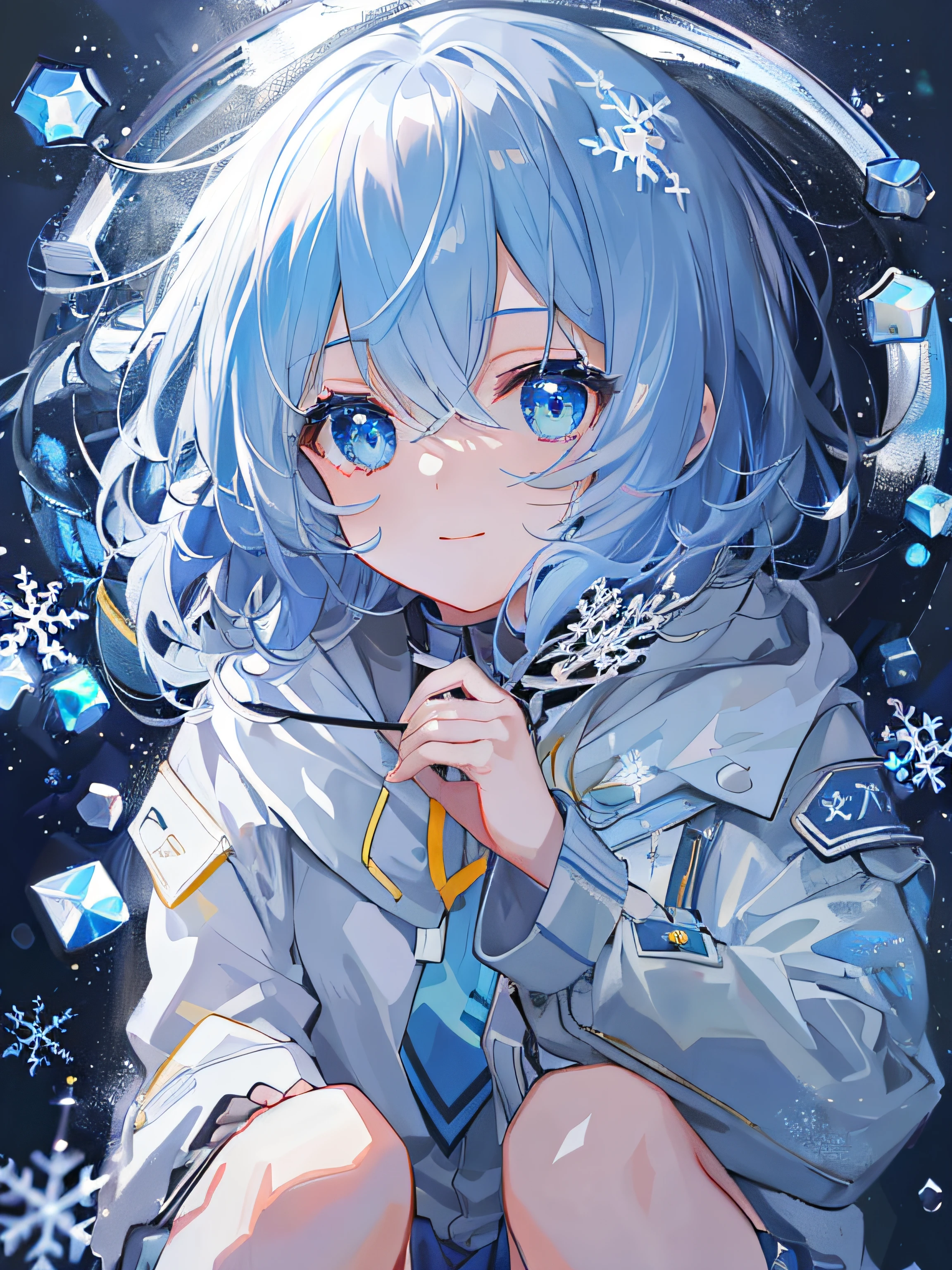 ((top-quality)), ((masterpiece)), ((ultra-detailliert)), (Extremely delicate and beautiful), girl with, 独奏, cold attitude,((Black jacket)),She is very(relax)with the(Settled down)Looks,A dark-haired, depth of fields,Evil smile,Bubble, under the water, Air bubble,bright light blue eyes,inner color with bright gray hair and light blue tips,,,,,,Cold background,Bob Hair - Linear Art, shortpants、knee high socks、White uniform like school uniform、Light blue ribbon ties、Clothes are sheer、Hands in pockets、Bright eyes like sapphire,Fronllesse Blue, A small blue light was floating、Upper Eyes、glass shards、Snowflake patterned eyes、Fantastic eyes