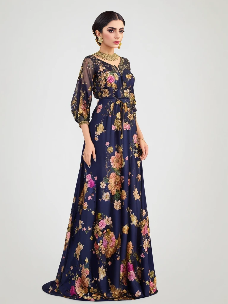 Persian beauty woman , wearing a long traditional dress with a floral print, floral art with rose and lily flowers, edited, ornate gown, dress in yellow , graphic print, elegant tropical prints