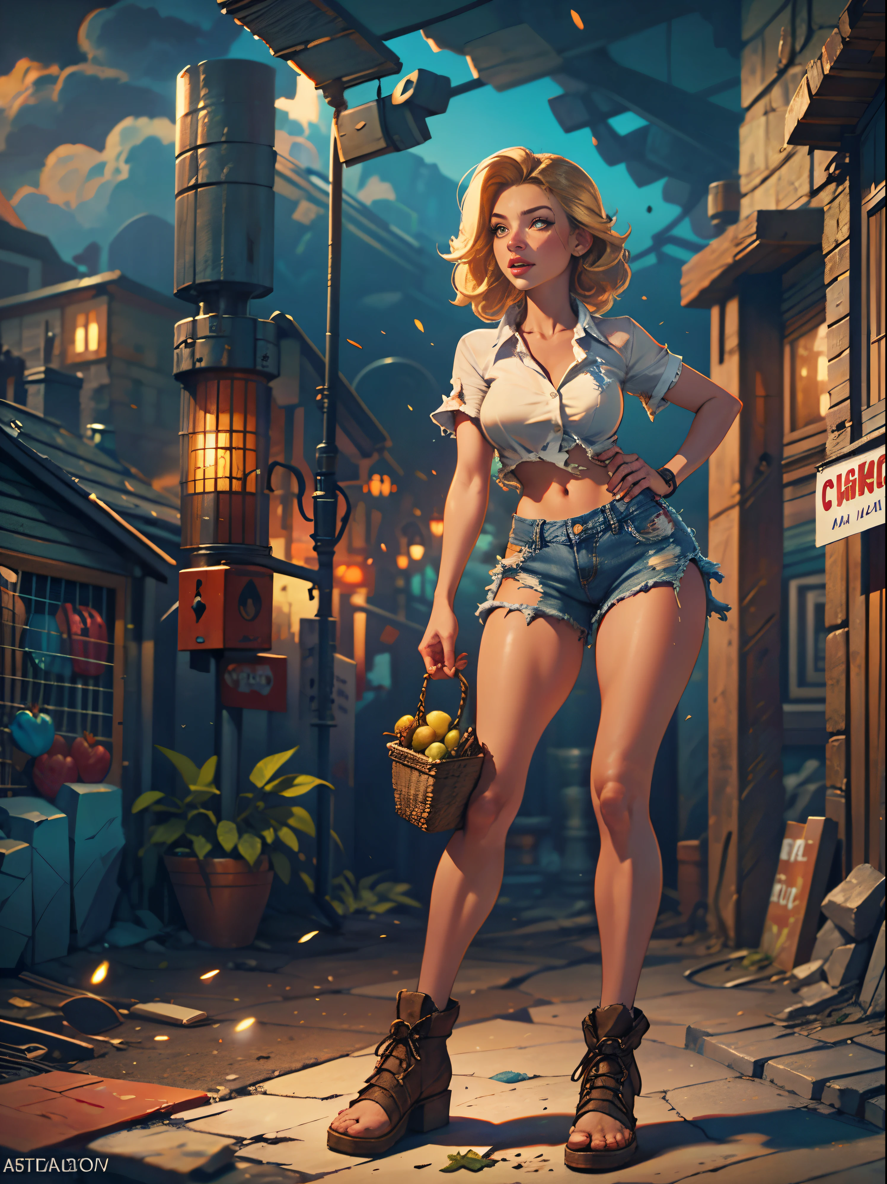 2076 year. The Urban Ruins of the Wasteland, Female huntress picking fruit in the garden, beautiful face, blonde, very torn shirt and denim shorts, shirt in tatters , long legs, sweating through, sun rising, Nice warm colors, head to toe full body shot