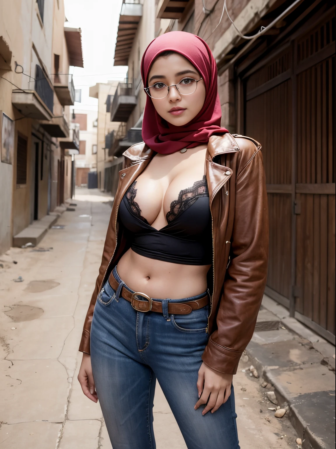 cowboy_pose,naughty, (iu:0.8),cleavage, RAW, Best quality, high resolution, Masterpiece: 1.3, Beautiful glasses sexy hijabi in deserted alley, Masterpiece, Soft smile